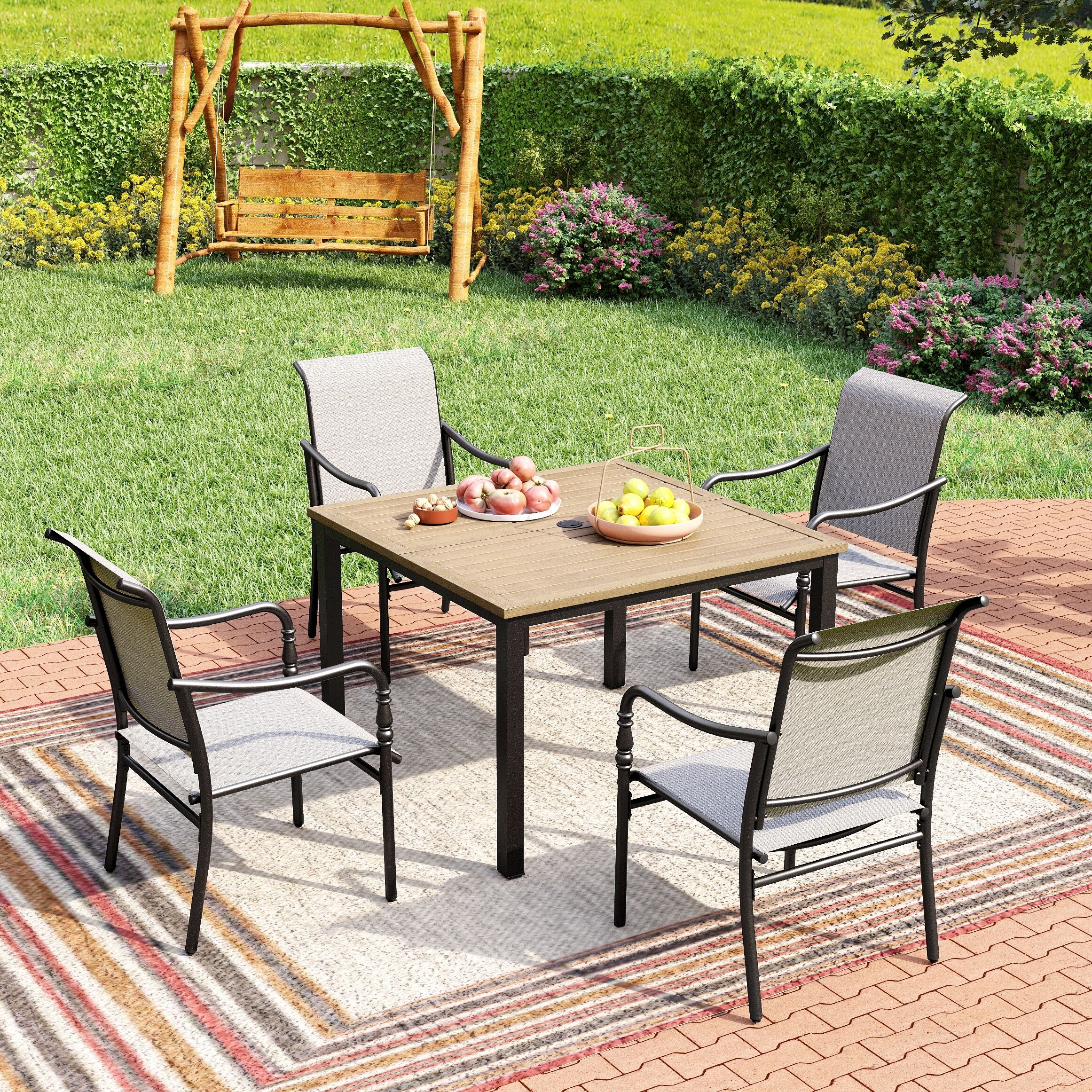 Sunshine Valley TC5-162-141 Outdoor Table and Chairs 5 -Piece Black Patio Dining Set Steel Square Table with 4 Gray Stationary Chairs