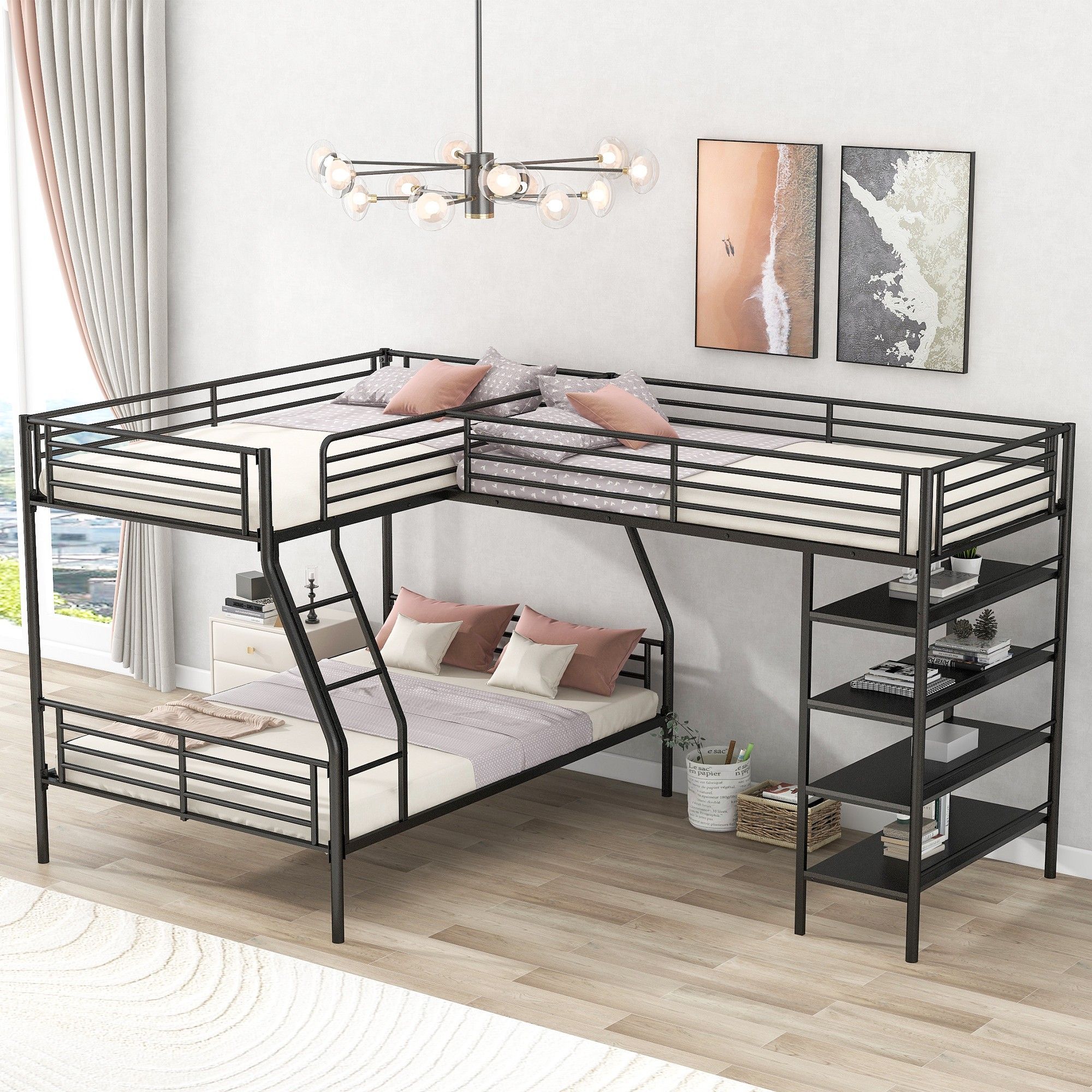 Yiekholo L-Bunk Bed With Shelves, Twin Over Twin Over Full Loft Bed ...