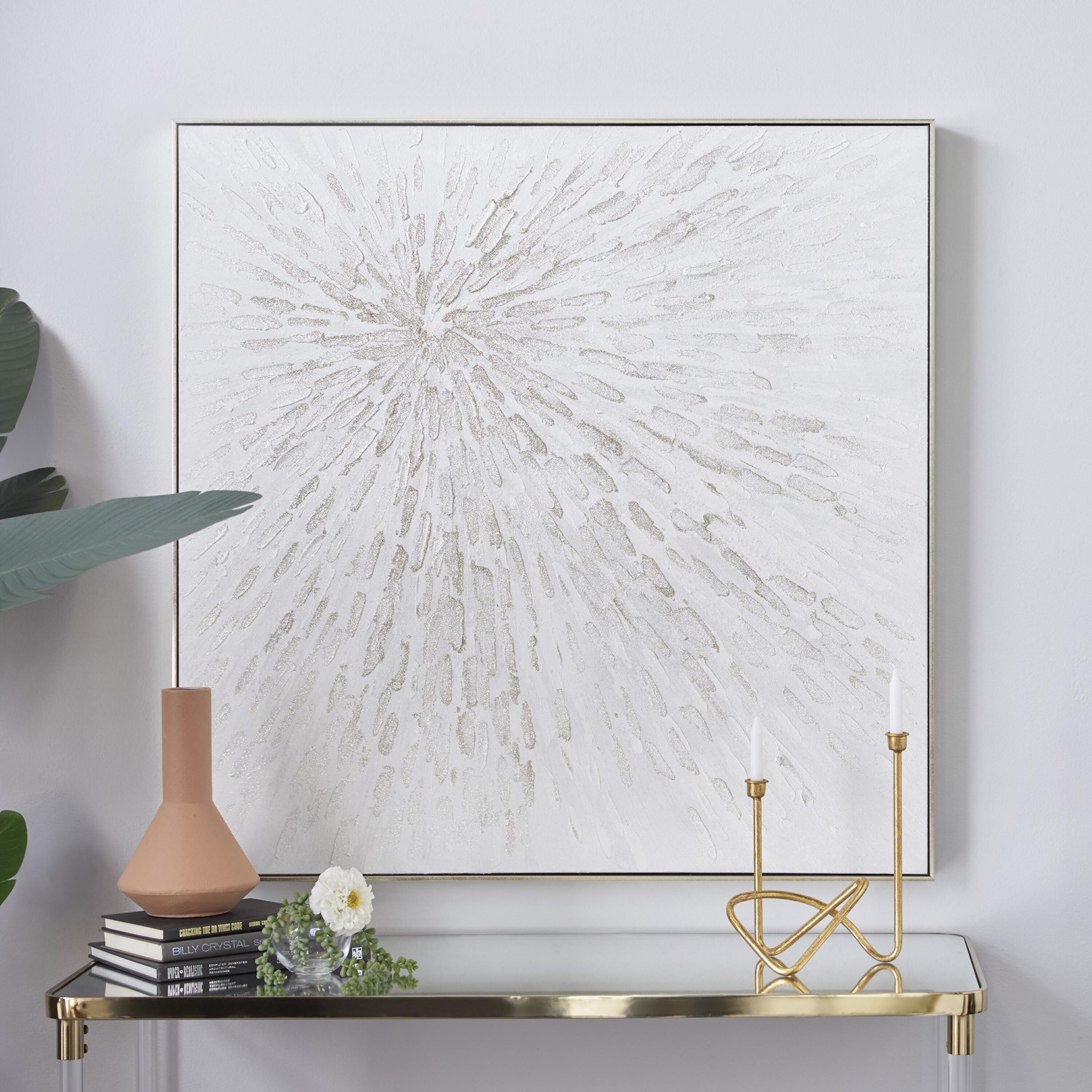 CosmoLiving by Cosmopolitan 87894  39 In. x 39 In. Contemporary Wall Art White Canvas Silver Wood Framed 39.19-in H x 39.19-in W Abstract Canvas Painting