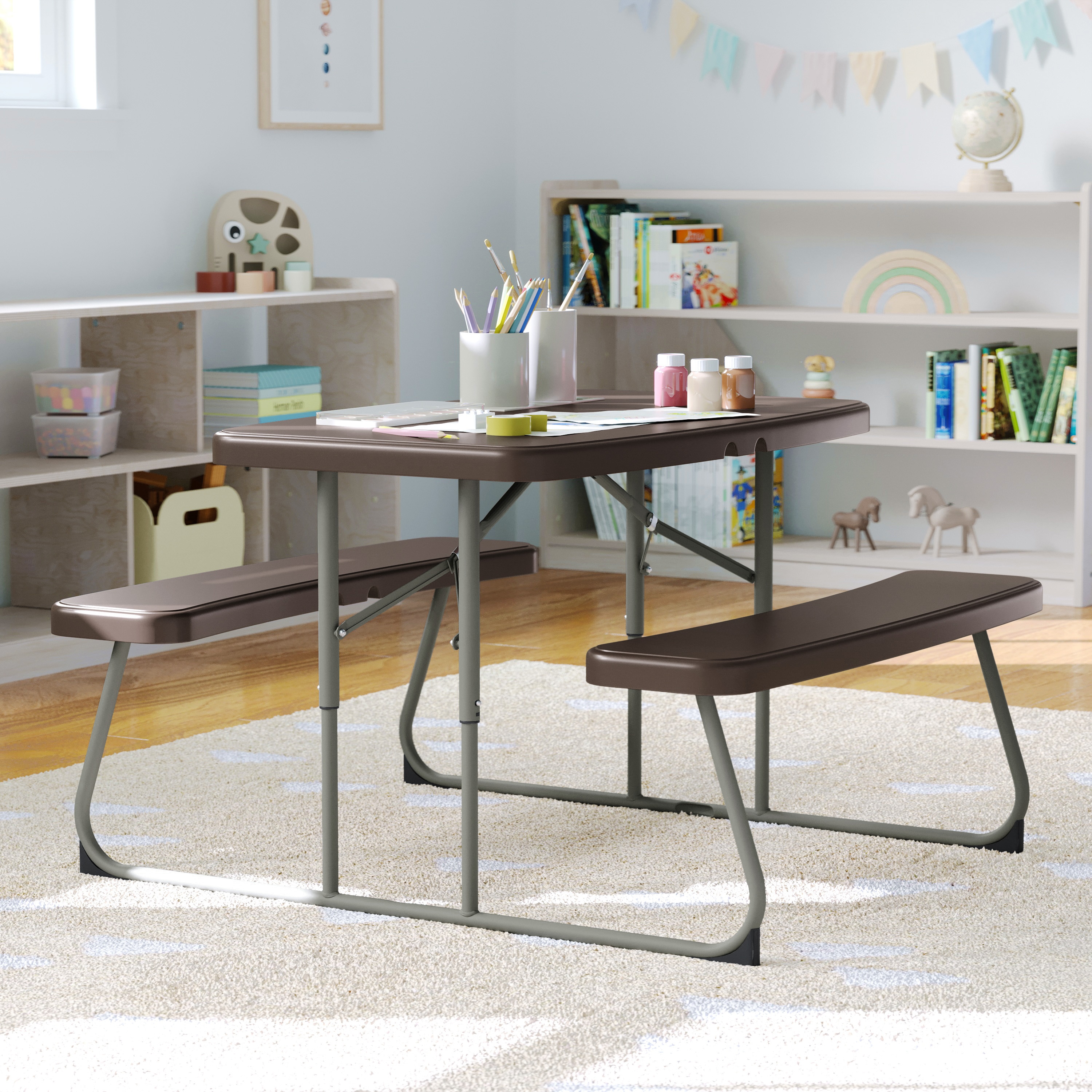 Flash Furniture 196861199400 Paige Easy-Fold Brown Folding Plastic Kids Outdoor Picnic Table and Benches - Commercial Grade - Seating for 4 Kids