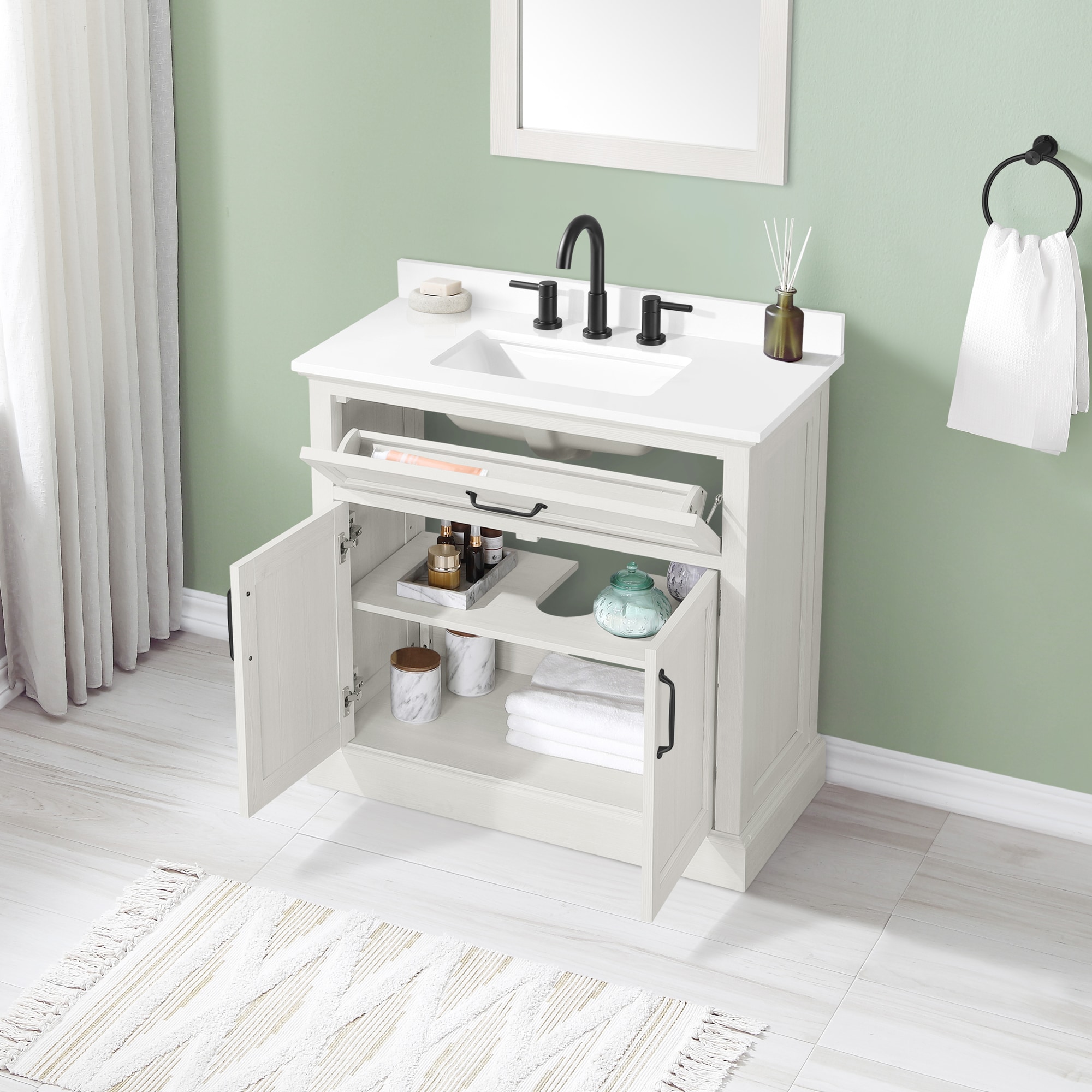 86 inch Single Sink Bathroom Vanity Set Including Makeup Table and 3  Matching Mirrors Antique White Color (86Wx22Dx36H) S7530