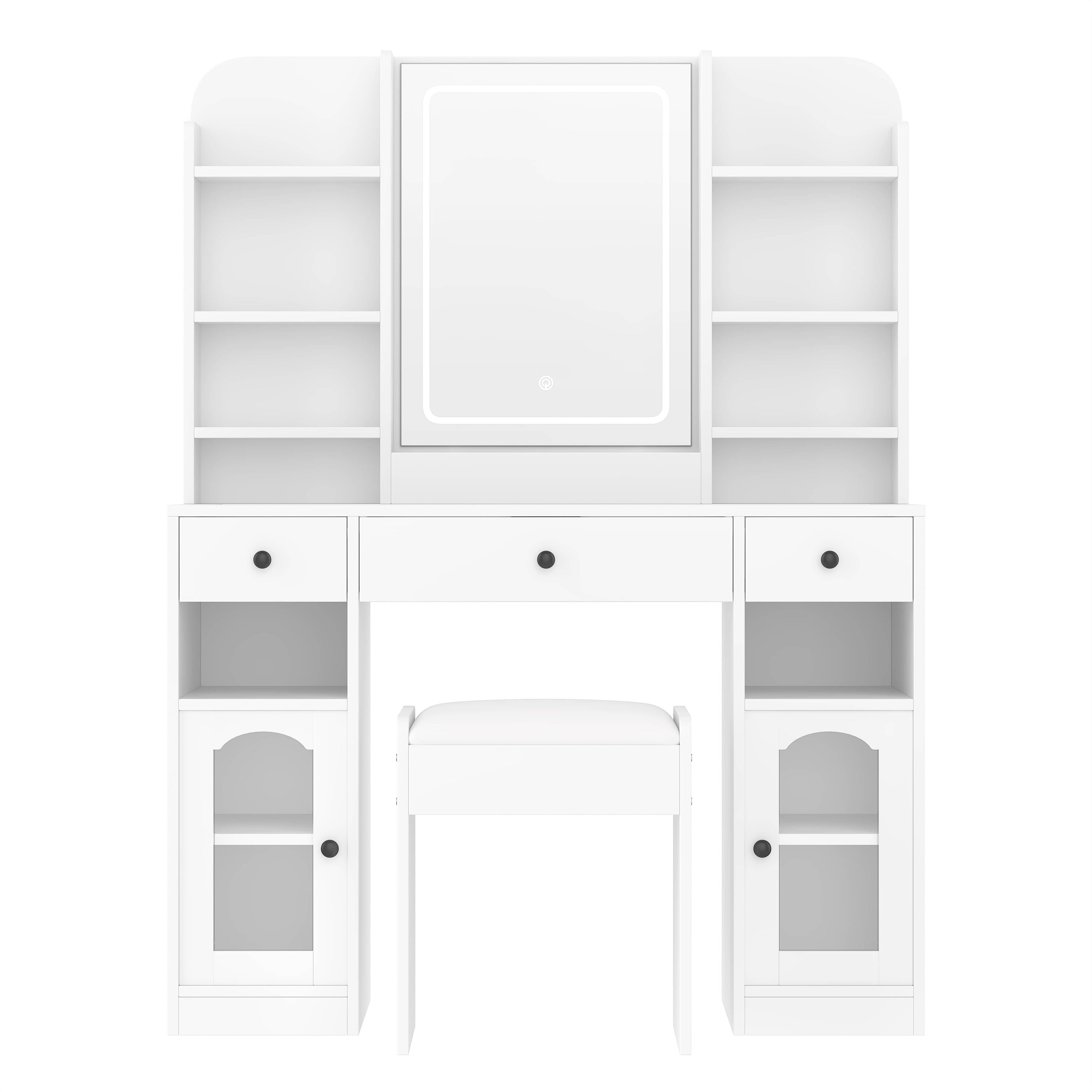 Vynxaria 2-Piece White Vanity Set with Glass Top RGB Light Cabinets 3 Drawers Storage Shelves Charging Station and Stool one_size