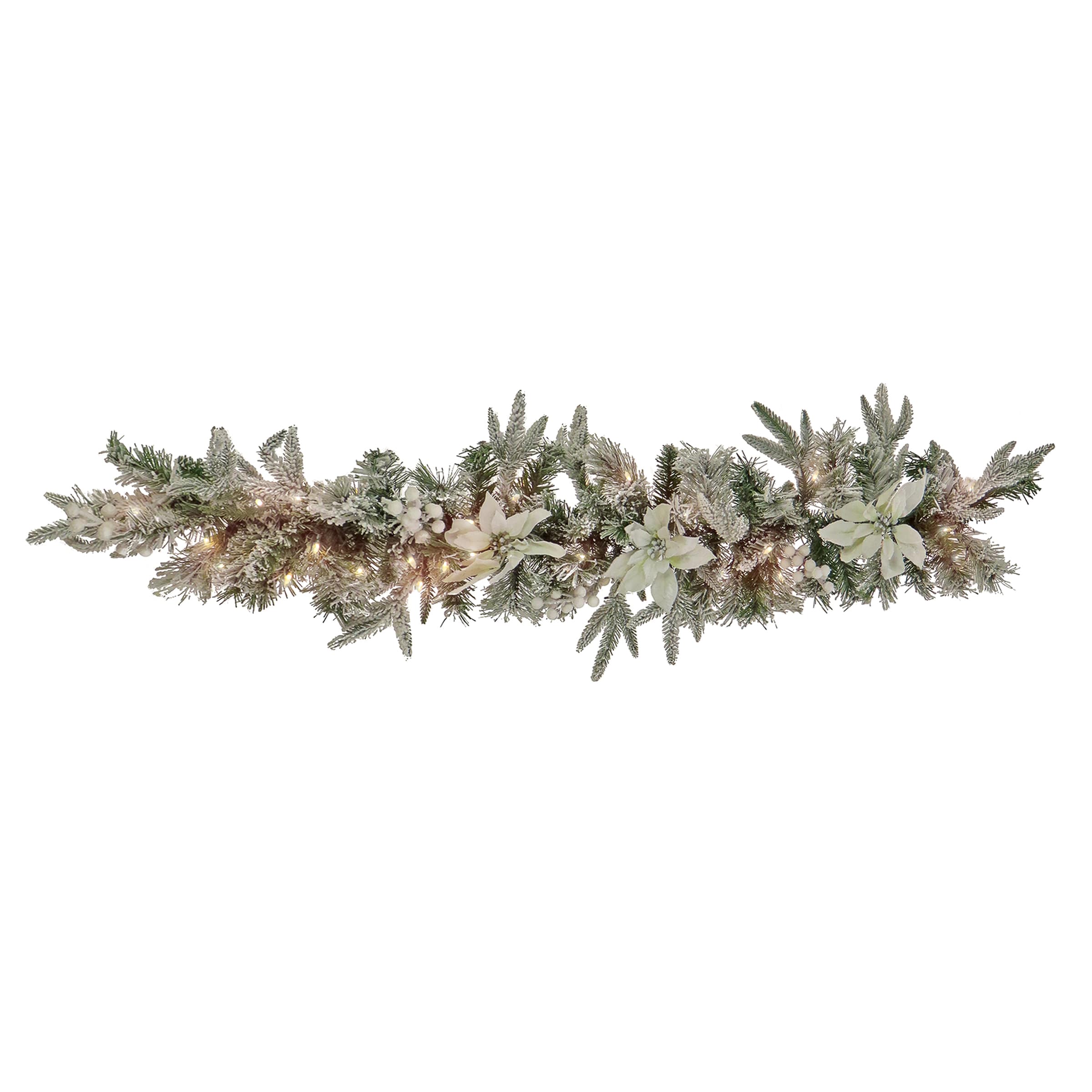 National Tree Company QPECO8-300-4A-B Indoor/Outdoor Pre-lit Battery-operated 4-Feet Poinsettia Artificial Garland with White LED Lights