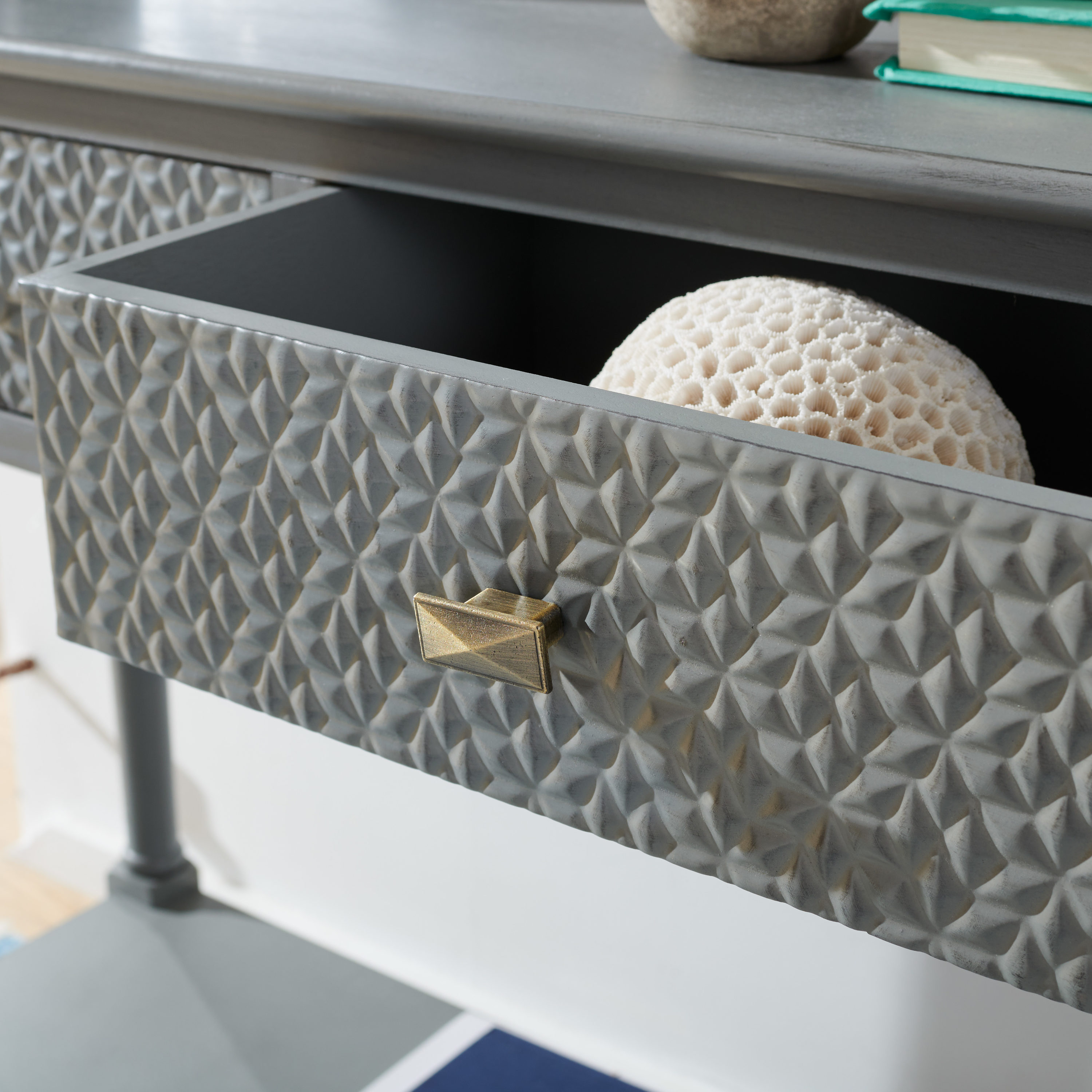Distressed Gray Wood and Metal Console Table with Storage
