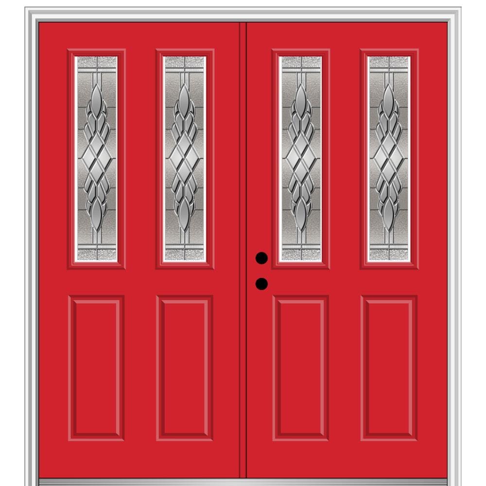 MMI DOOR ZZ366277R 60-in x 80-in x 6-9/16-in Fiberglass Twin lite Right-hand inswing Red Saffron Painted Prehung Double Front Door with Brickmould Insulating core