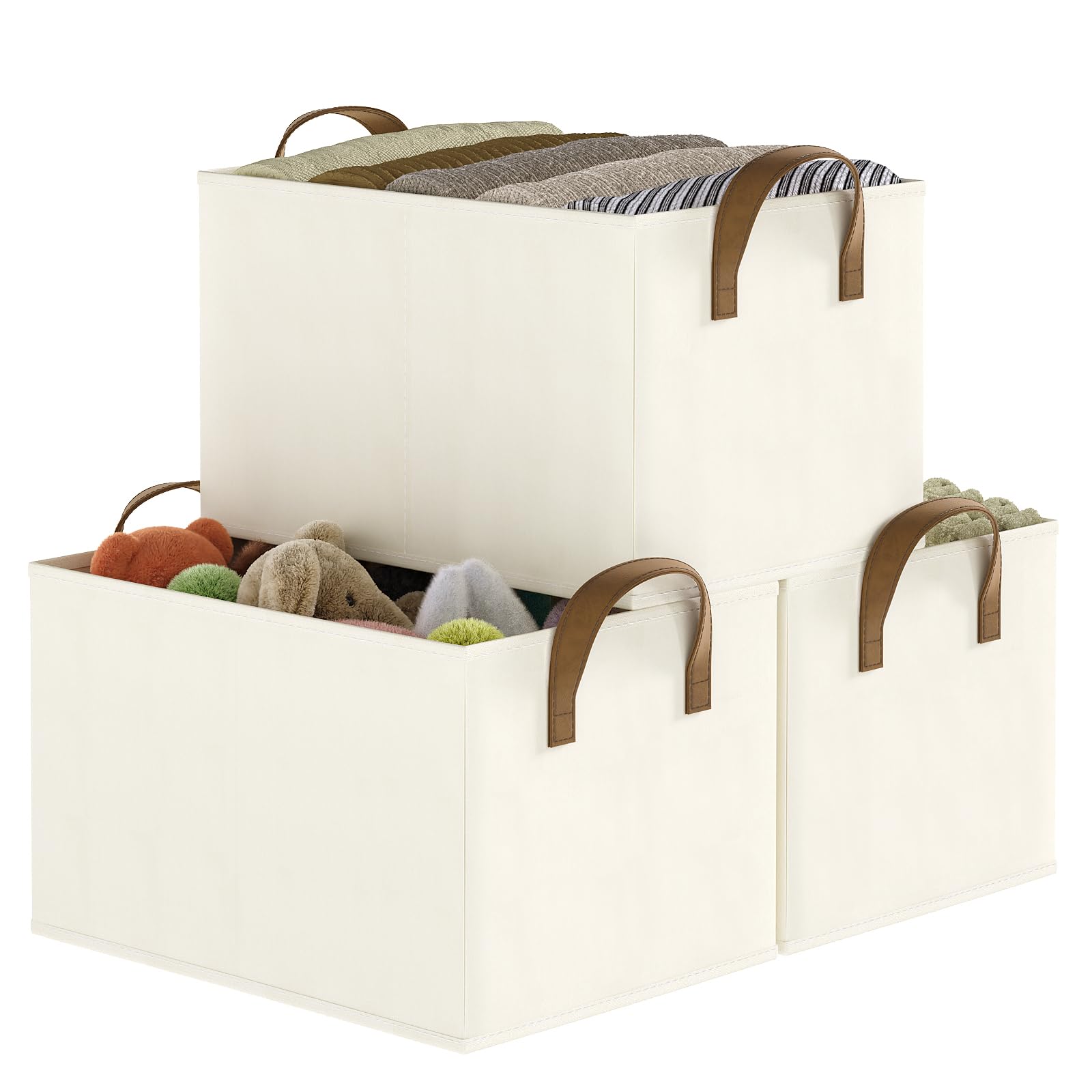 Oyezvary  Closet Storage Bins Fabric Organizers for Shelves Collapsible Basket with Handles for Bedroom Clothes Laundry Room Beige 3 pack
