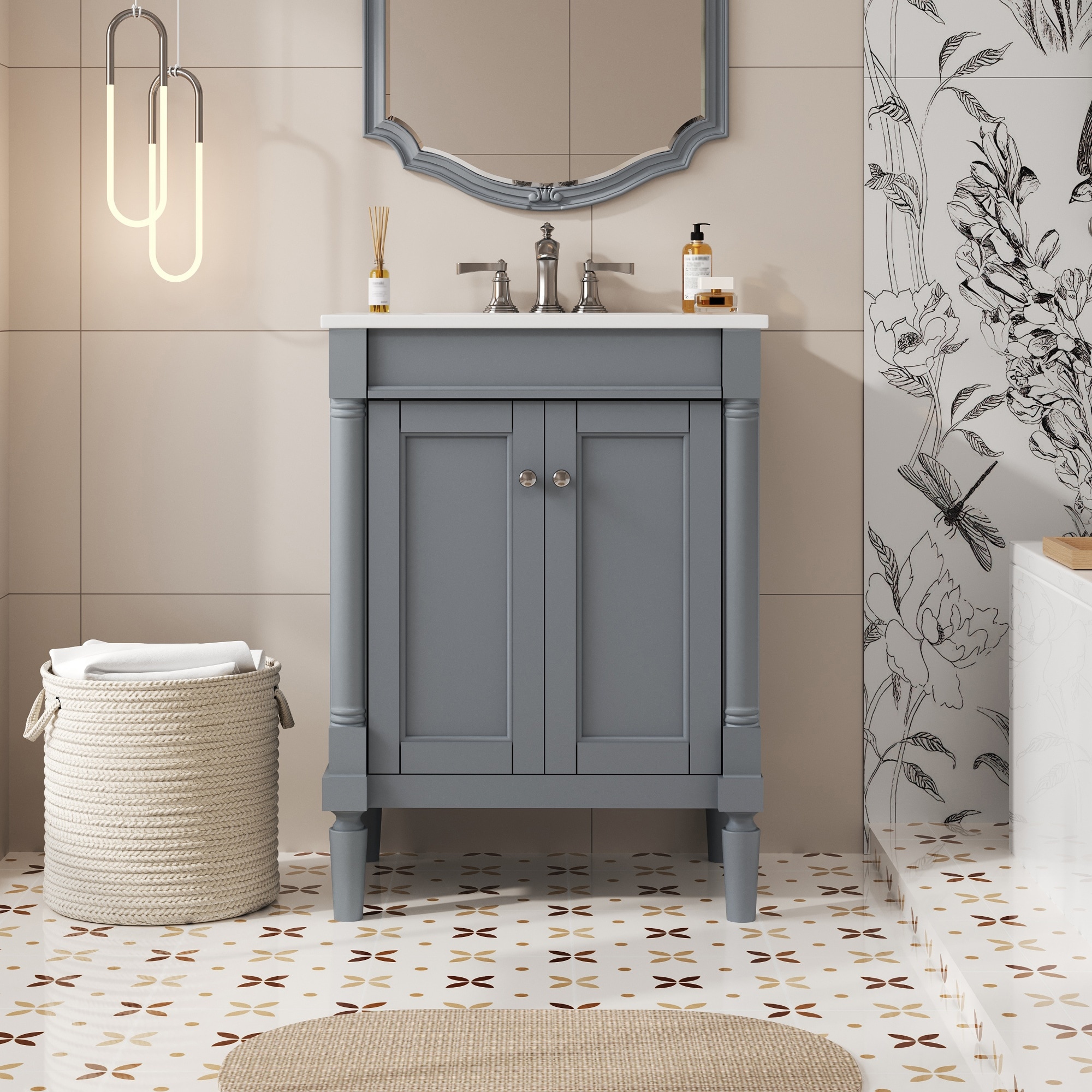 Iseryn YSG503EP190 Bath Vanity 24-in Gray Undermount Single Sink Bathroom Vanity with White Ceramic Top