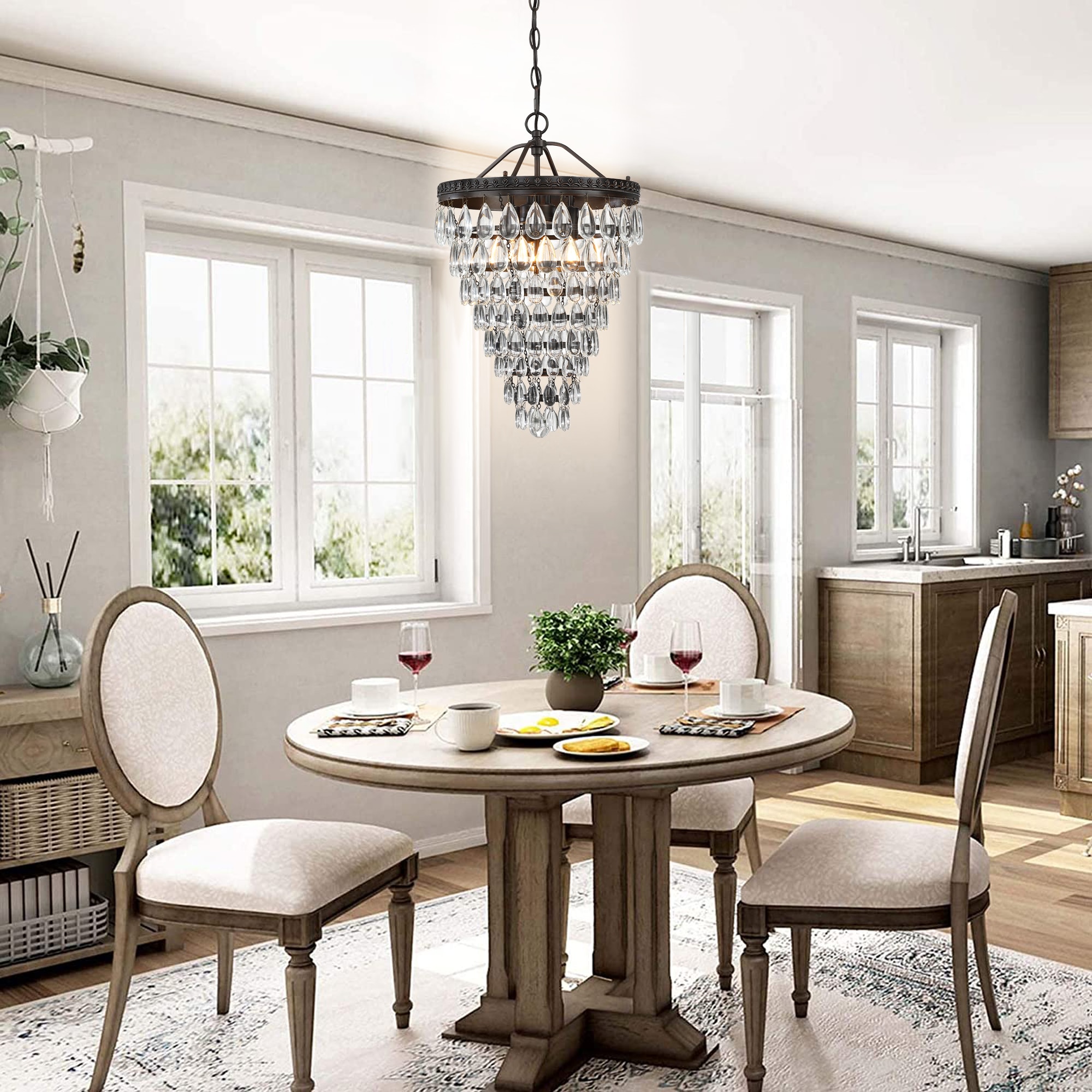 Black Crystal Tiered Pendant Chandelier with Glass Accents