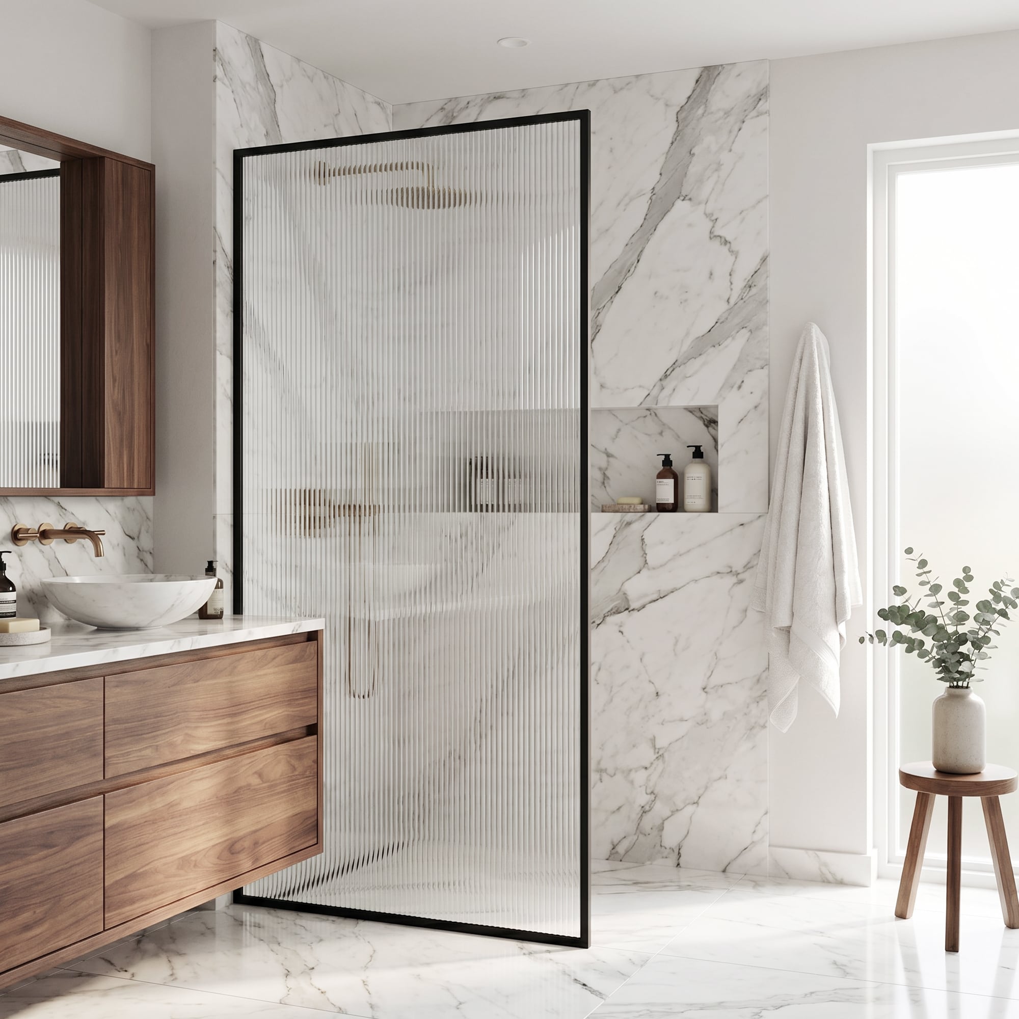 VIGO Meridian Matte Black 34-in W x 74-in H Framed Patterned Glass Fixed Shower door
