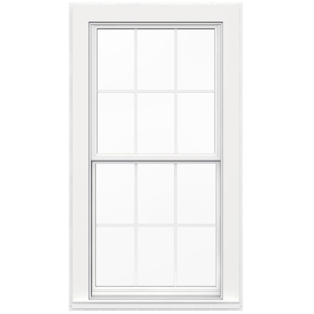 JELD-WEN LOWOLVYFCDHDL3262 Flat Casing Vinyl 31-1/2-in x 61-1/2-in White White Vinyl Replacement Double Hung Window Low-E argon Double Pane Glass with Grids (Full Screen Included)