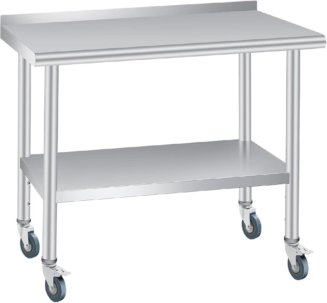 WhizMax KL-PHK-33DSD3B7 Stainless Steel Table Commercial Prep Work Table with Backsplash Adjustable Shelf 4 Caster Wheels for Kitchen Restaurant