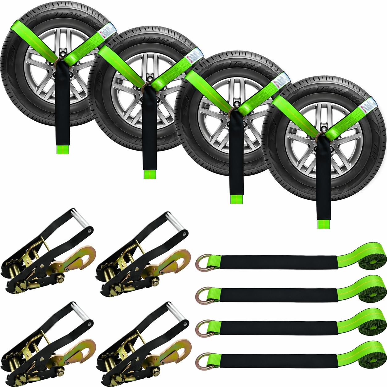 Etokfoks 96 in Green Tie Down Straps with Snap Hooks 4 Pack for Cars UTVs Trucks Trailers Kit