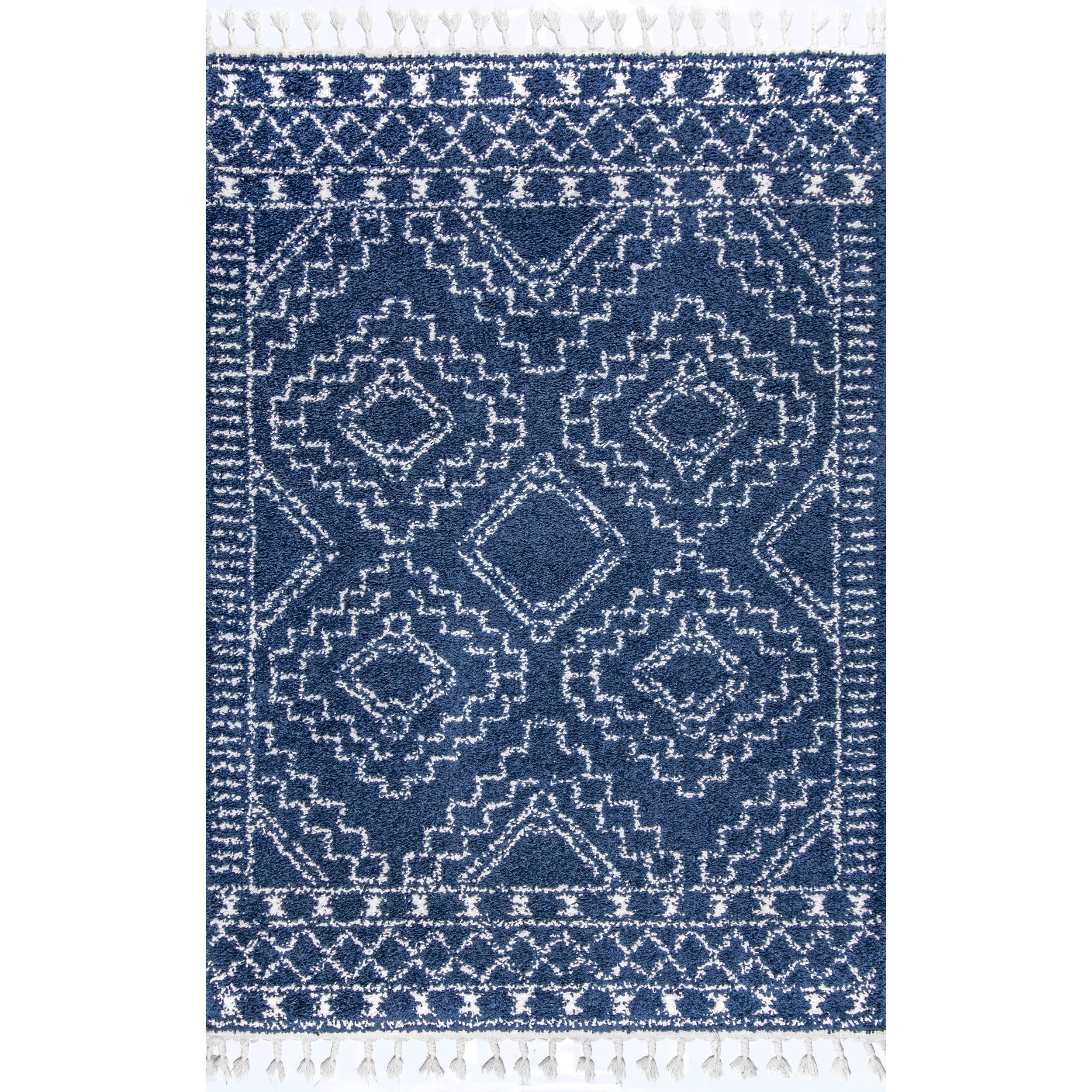 Vasiliki Blue and Ivory Geometric Shag Rectangular Area Rug