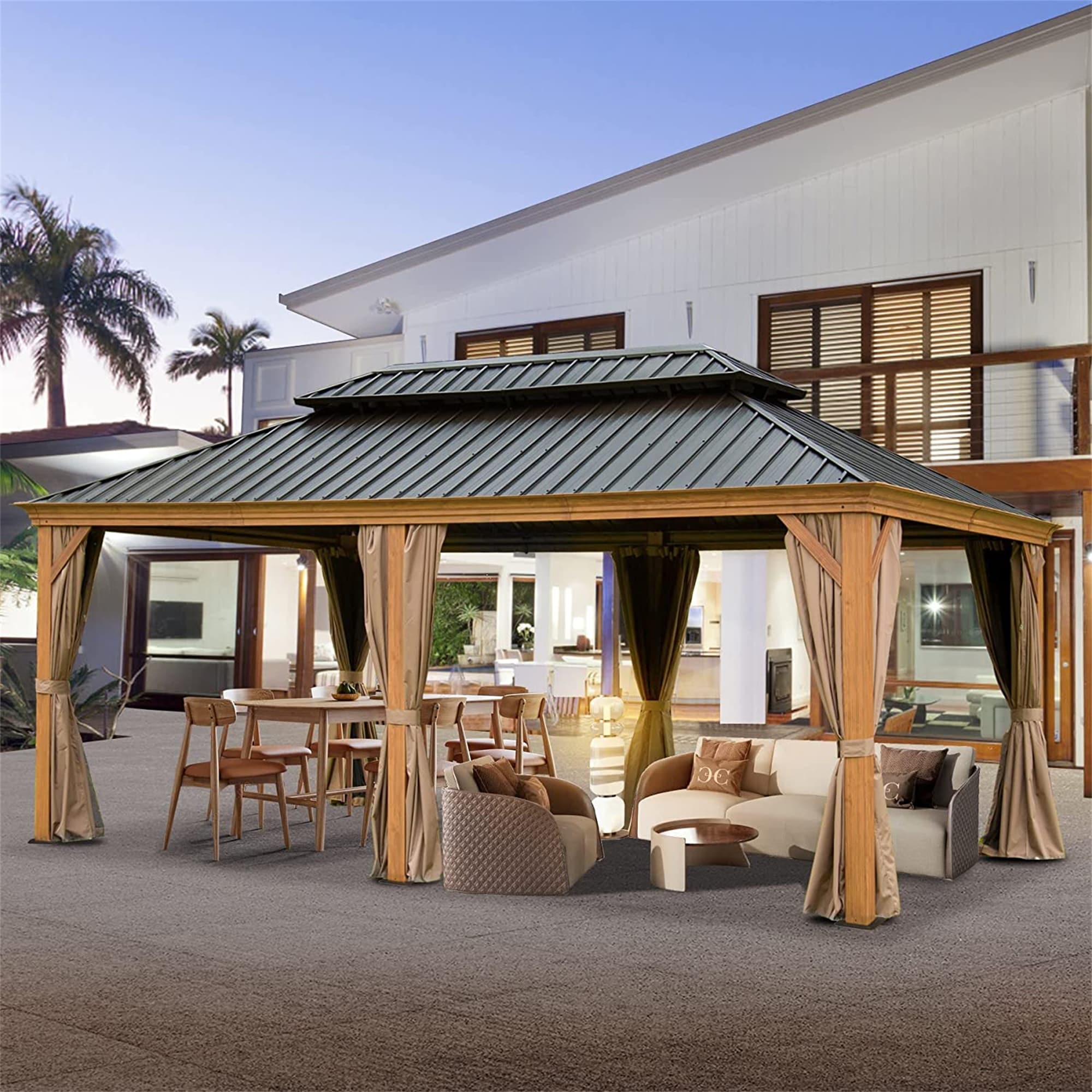 Mondawe 12'x20' Brown Aluminum Hardtop Patio Gazebo with Curtains