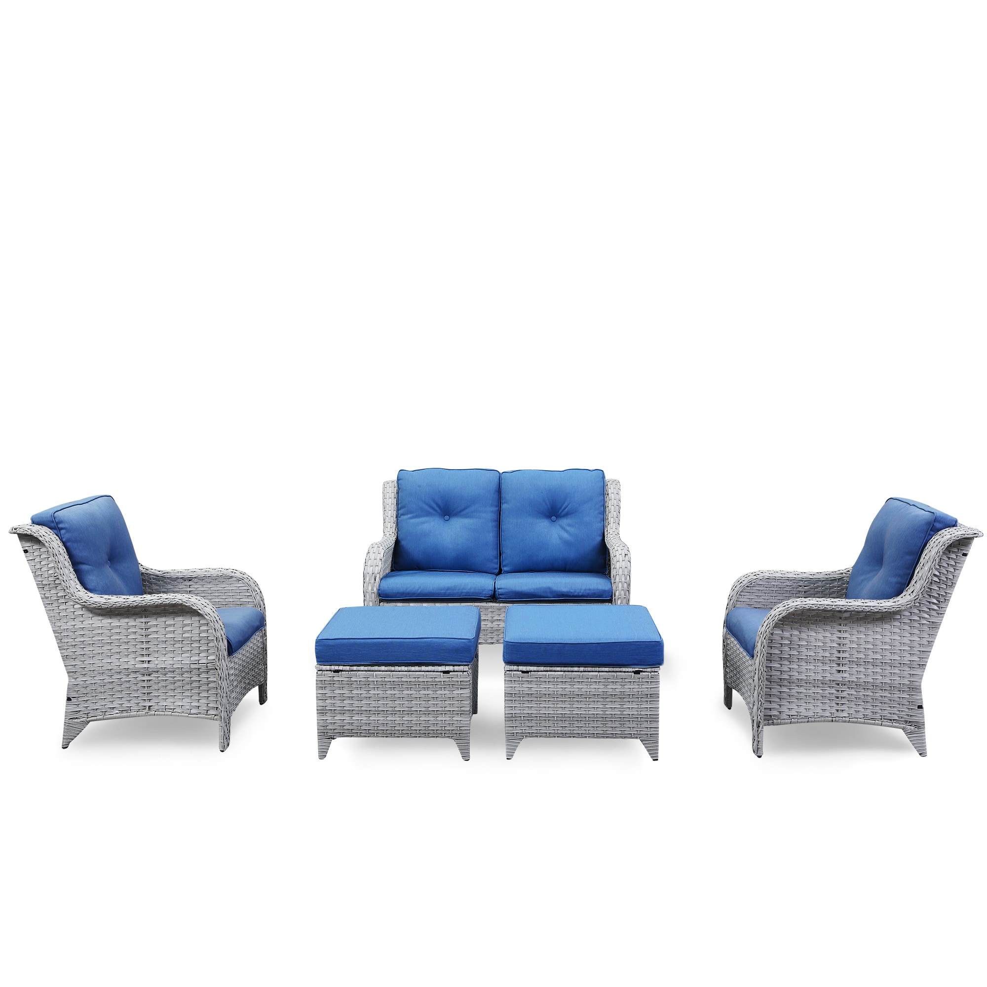 Rilyson FS076075078-2NB Curved armrest 5 -Piece Wicker Patio Conversation Set with Blue Cushions