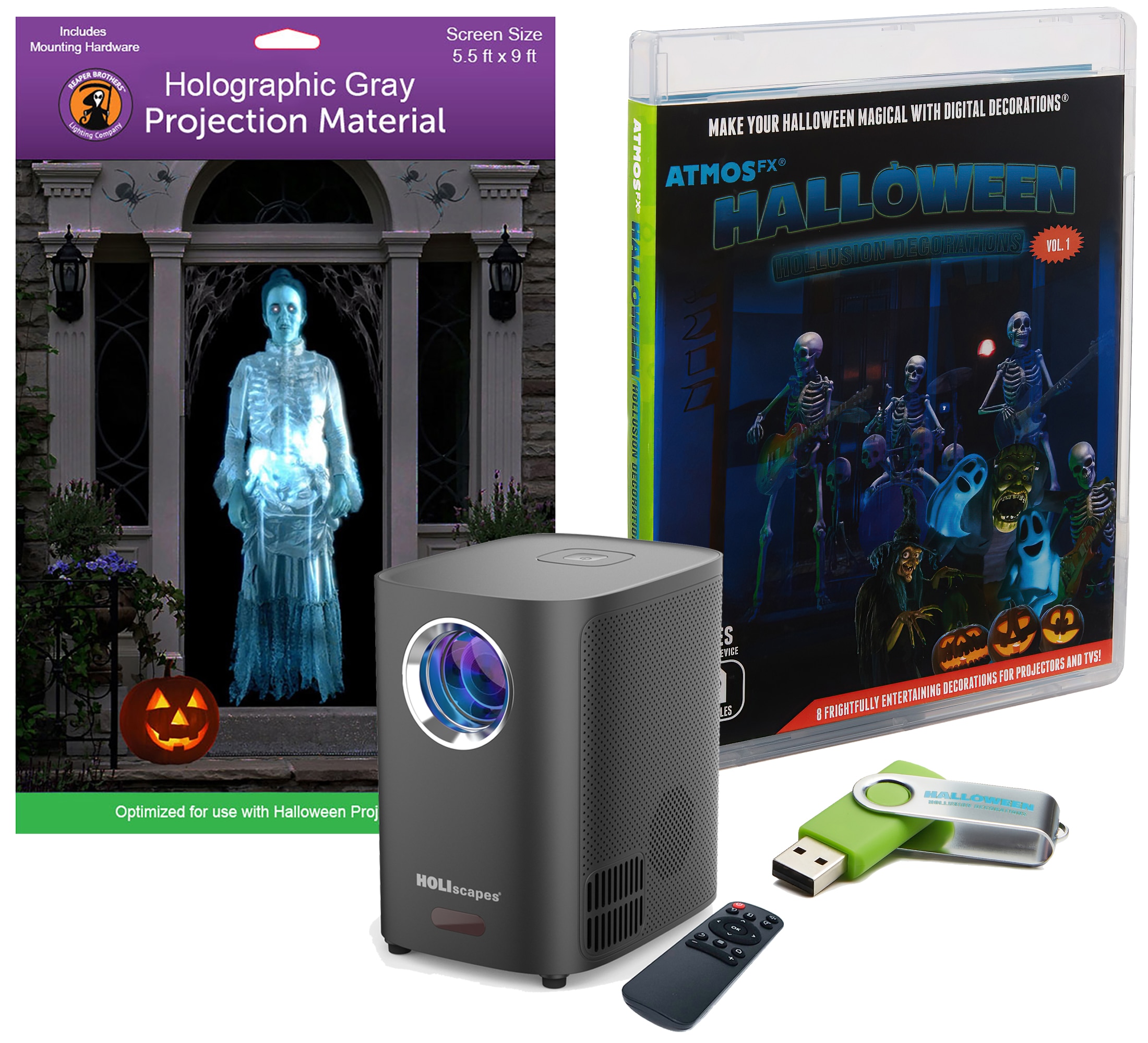 HoliScapes ATMOSFX-HH-2023-KIT Halloween Hollusion Projector, Video, Screen Kit (unlit) all Musical Electrical outlet Happy Halloween Halloween Indoor Light Show Projector