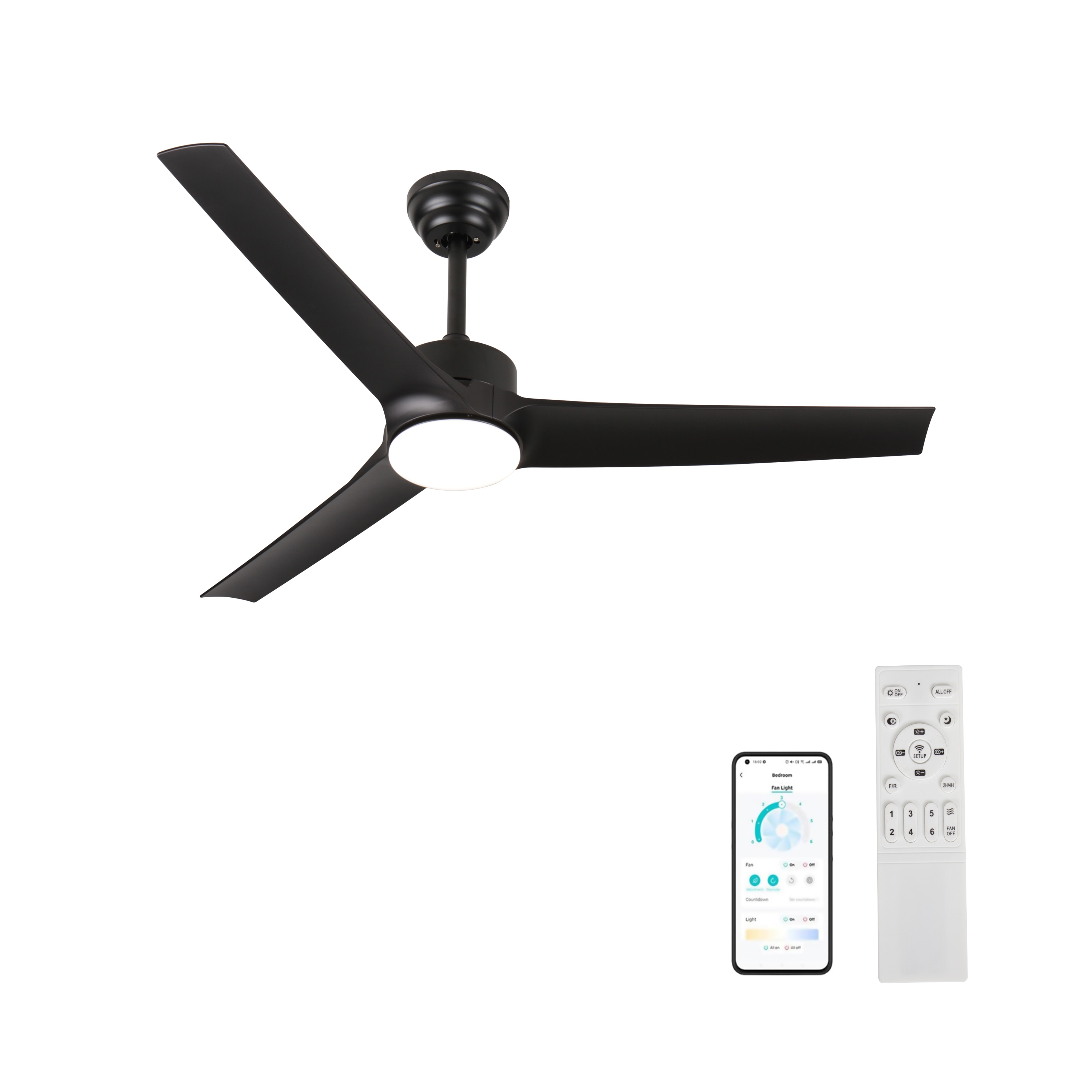 Tatayosi DJ-P316282 52 inch black ceiling fan with light 3 reversible blades 2 downrods 6 speed remote control