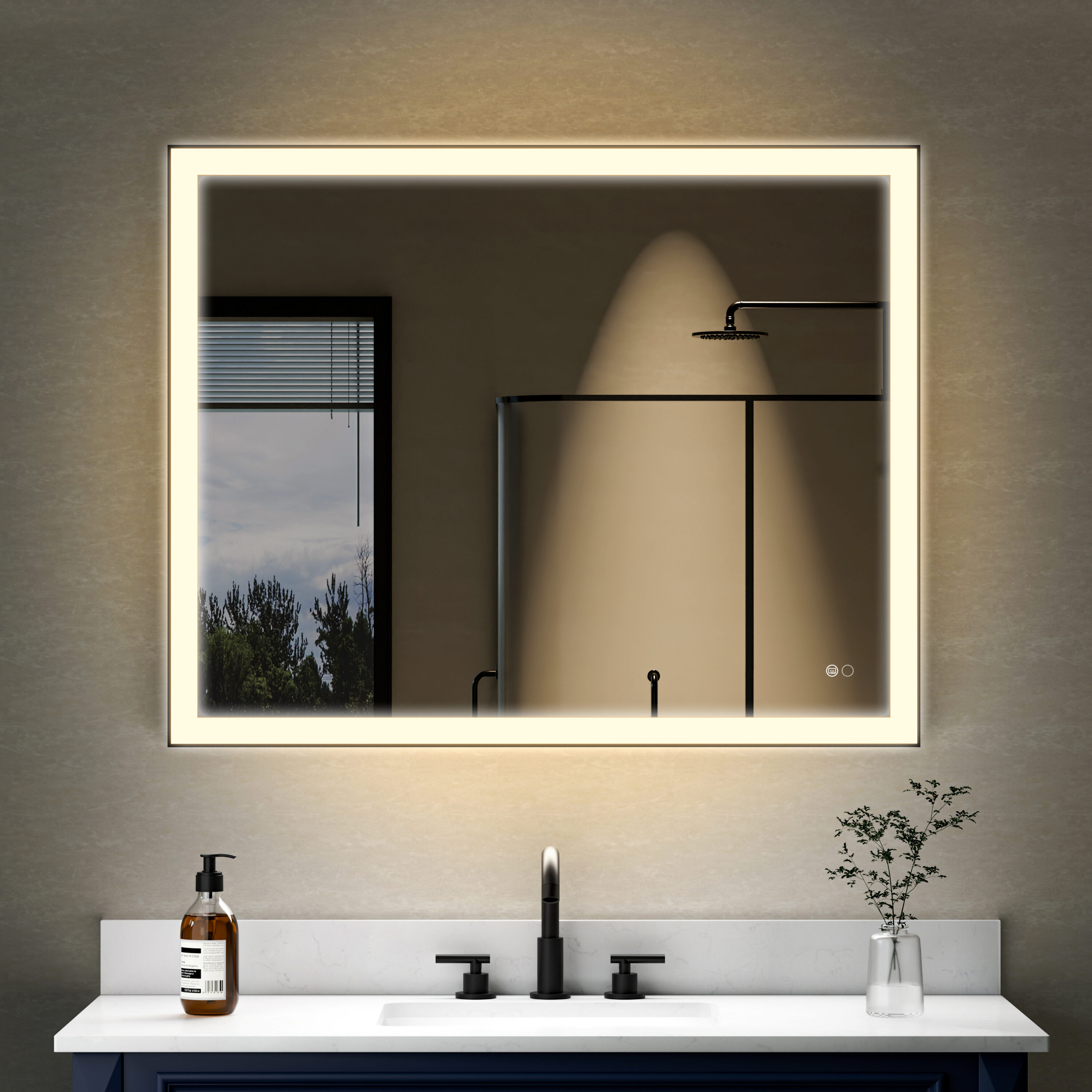 WELLFOR W5FM4032MB RECA Framed LED Mirror 40-in x 32-in Framed Rectangle Dimmable LED Lighted Fog Free Bathroom Vanity Mirror ( Matte Black )