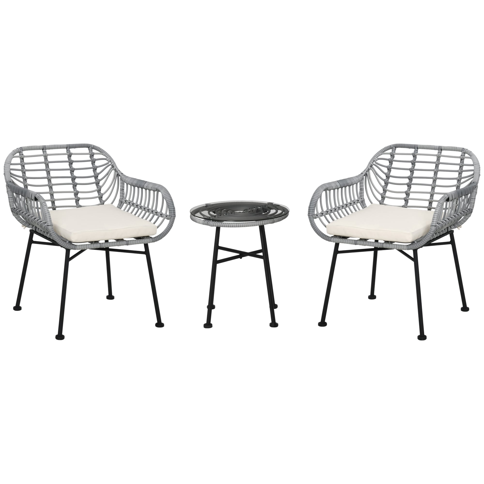 CESICIA WOF-TSC-15 Patio Chairs Set of 2 Wicker Gray+White Wicker Frame Stationary Balcony Chair with Woven Seat