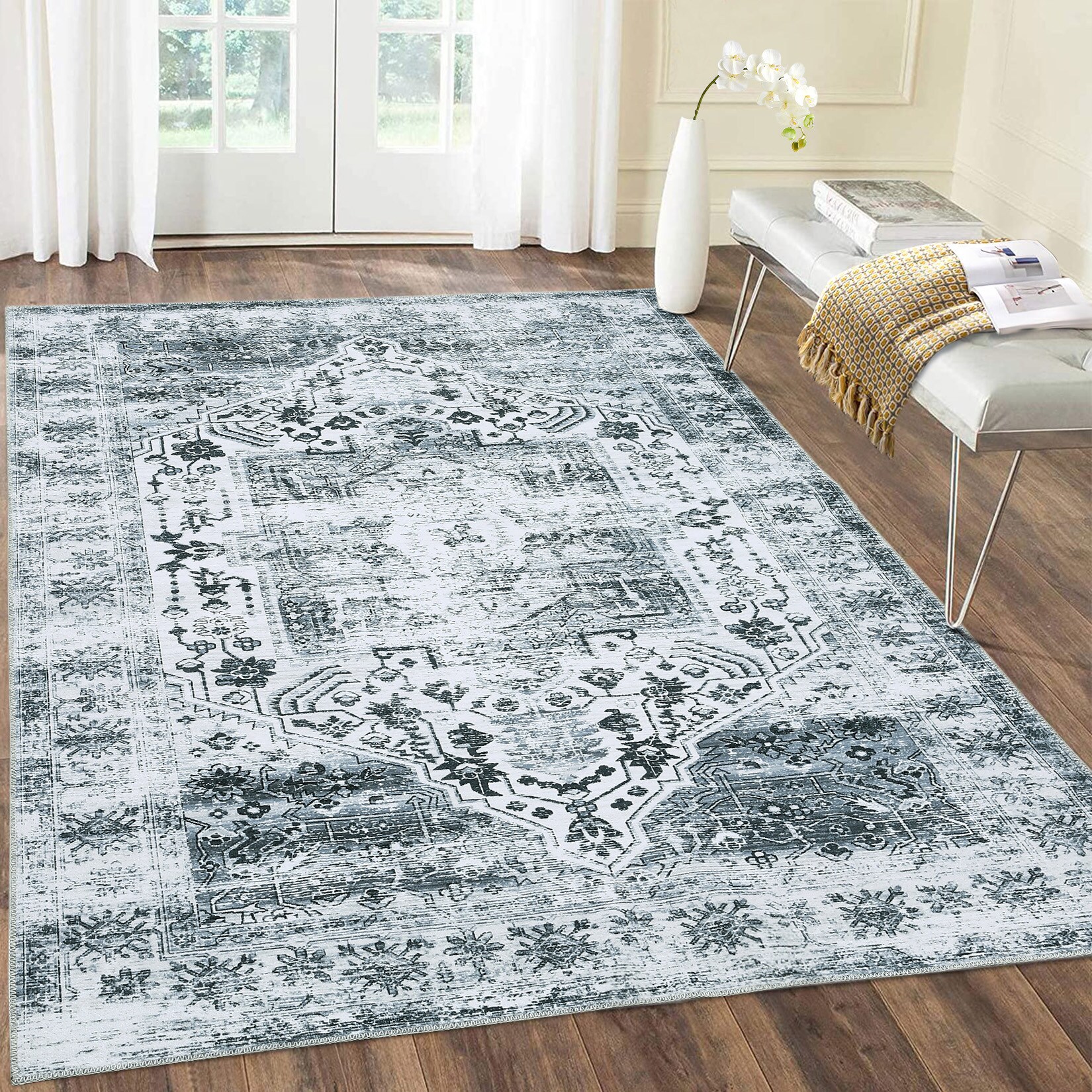 Garvee YXY-LO-PHO-0XT1WQD4 5 x 7 (ft) Polyester Gray Rectangular Indoor Floral/Botanical Vintage Machine washable Area rug