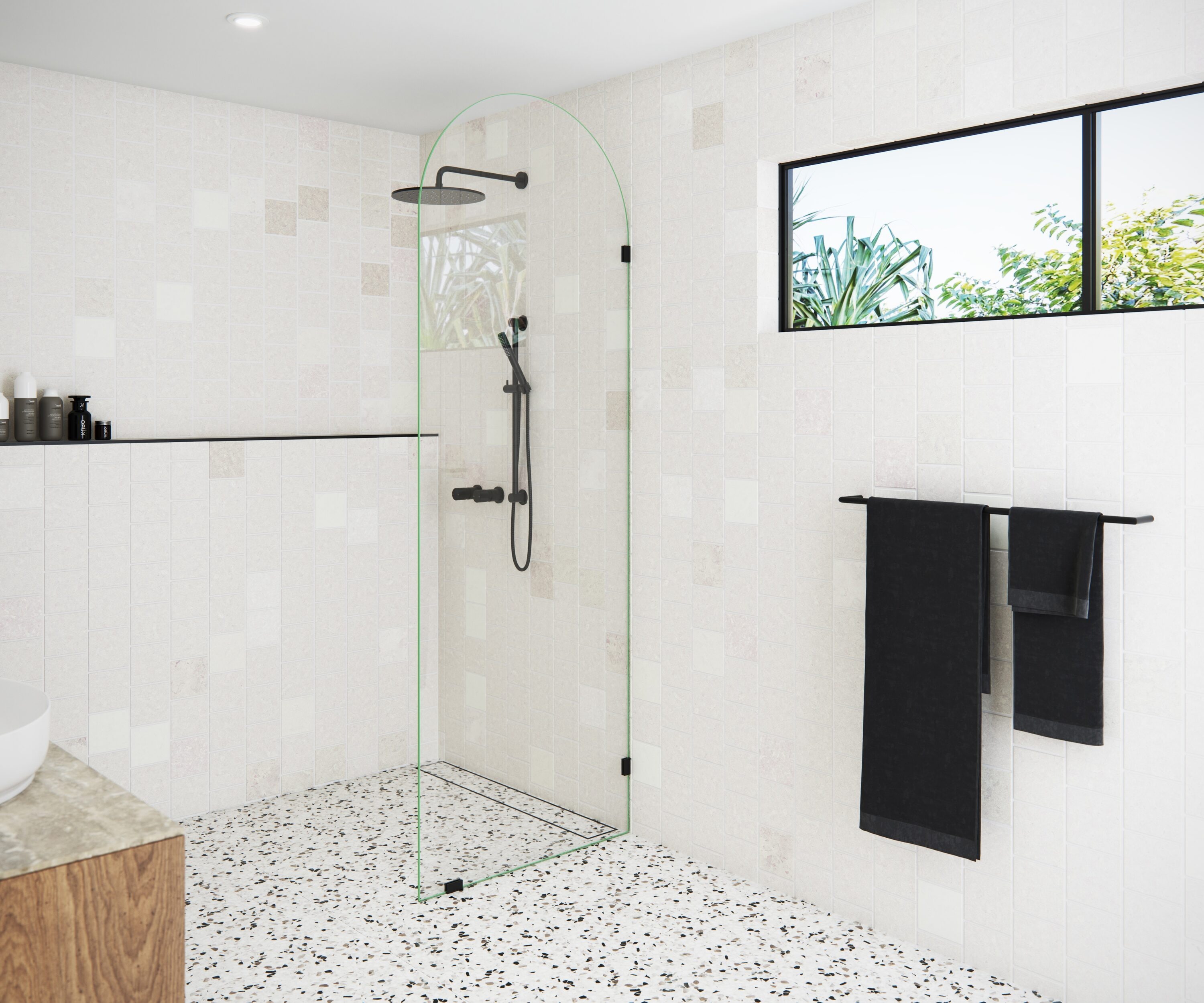 Venus 30 in. x 86.75 in. Fully Frameless Arched Single Fixed Shower Panel