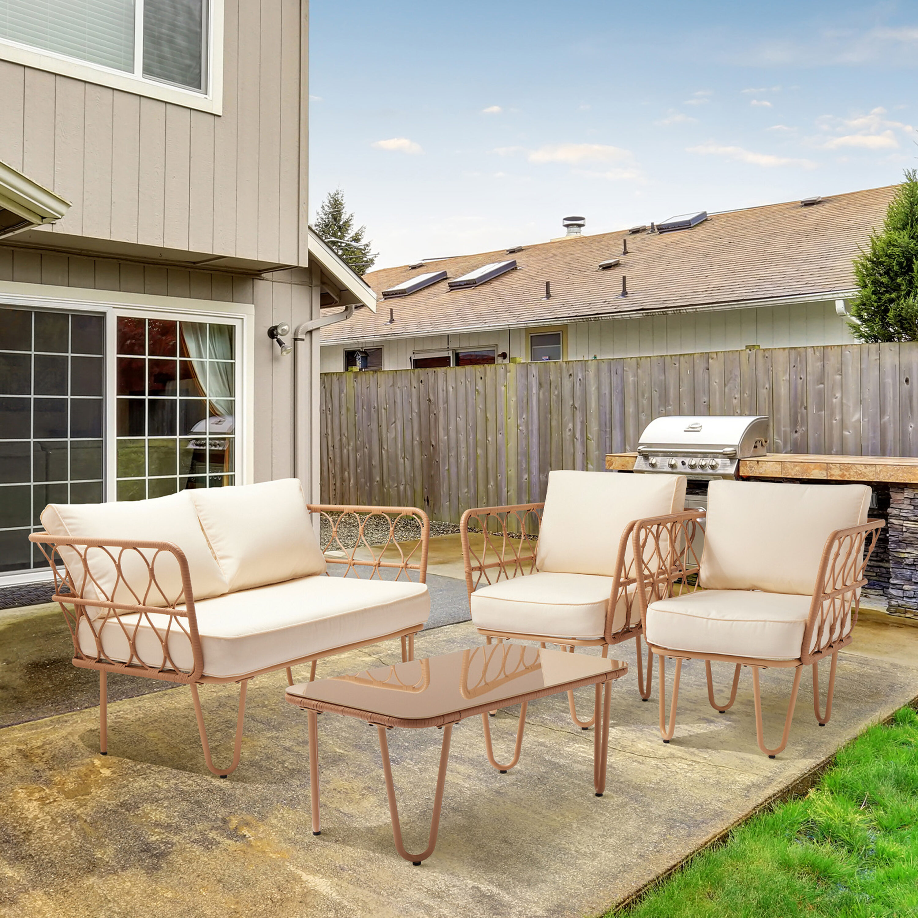JEAREY TBLH04-BEIGE 4 -Piece Rattan Patio Conversation Set with Off-white Cushions