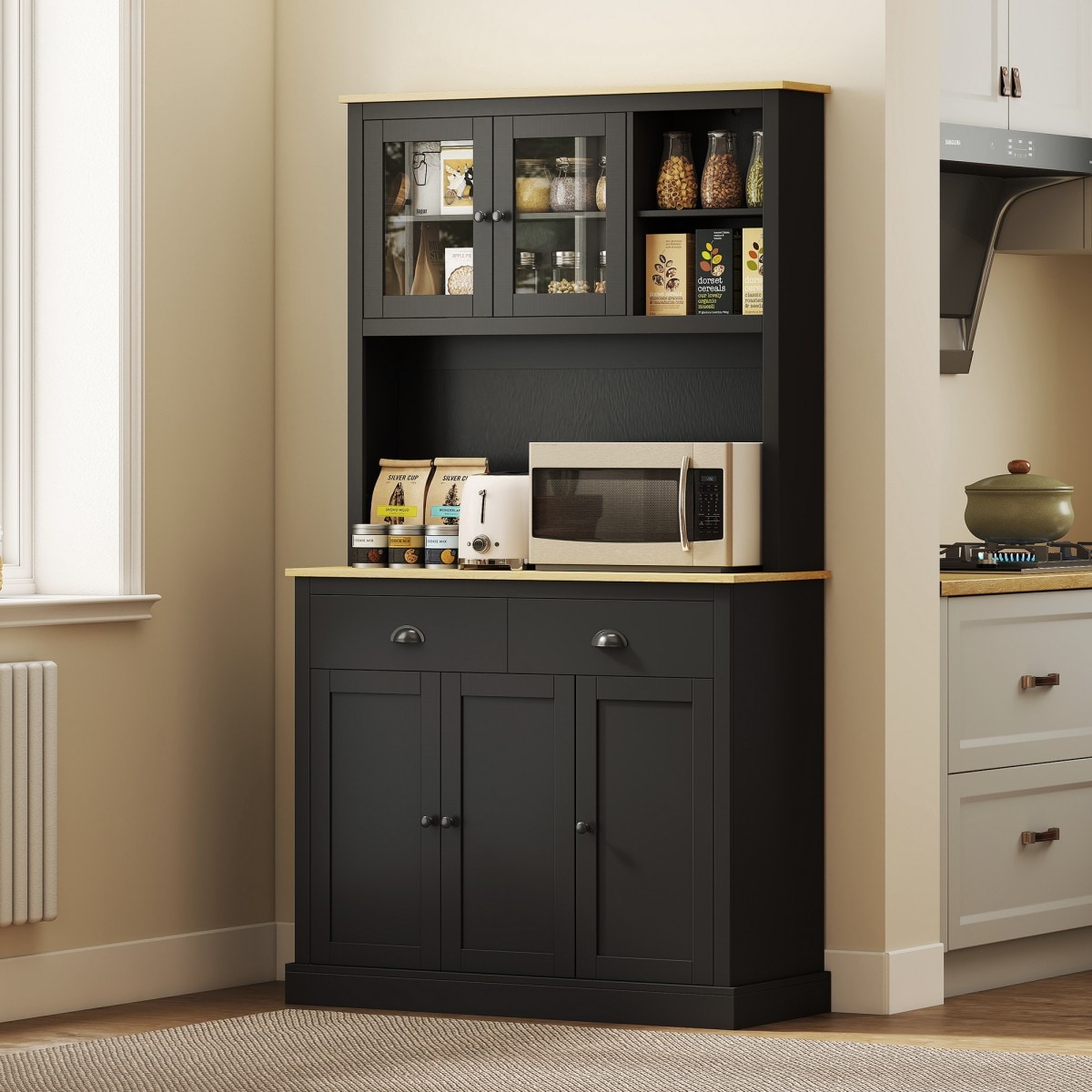 GlasFlength  71 Inch Tall Pantry Cabinet Freestanding Kitchen Cabinets Modern Hutch with Wide Countertop Storage Cabinet for Kitchen and Dining Black