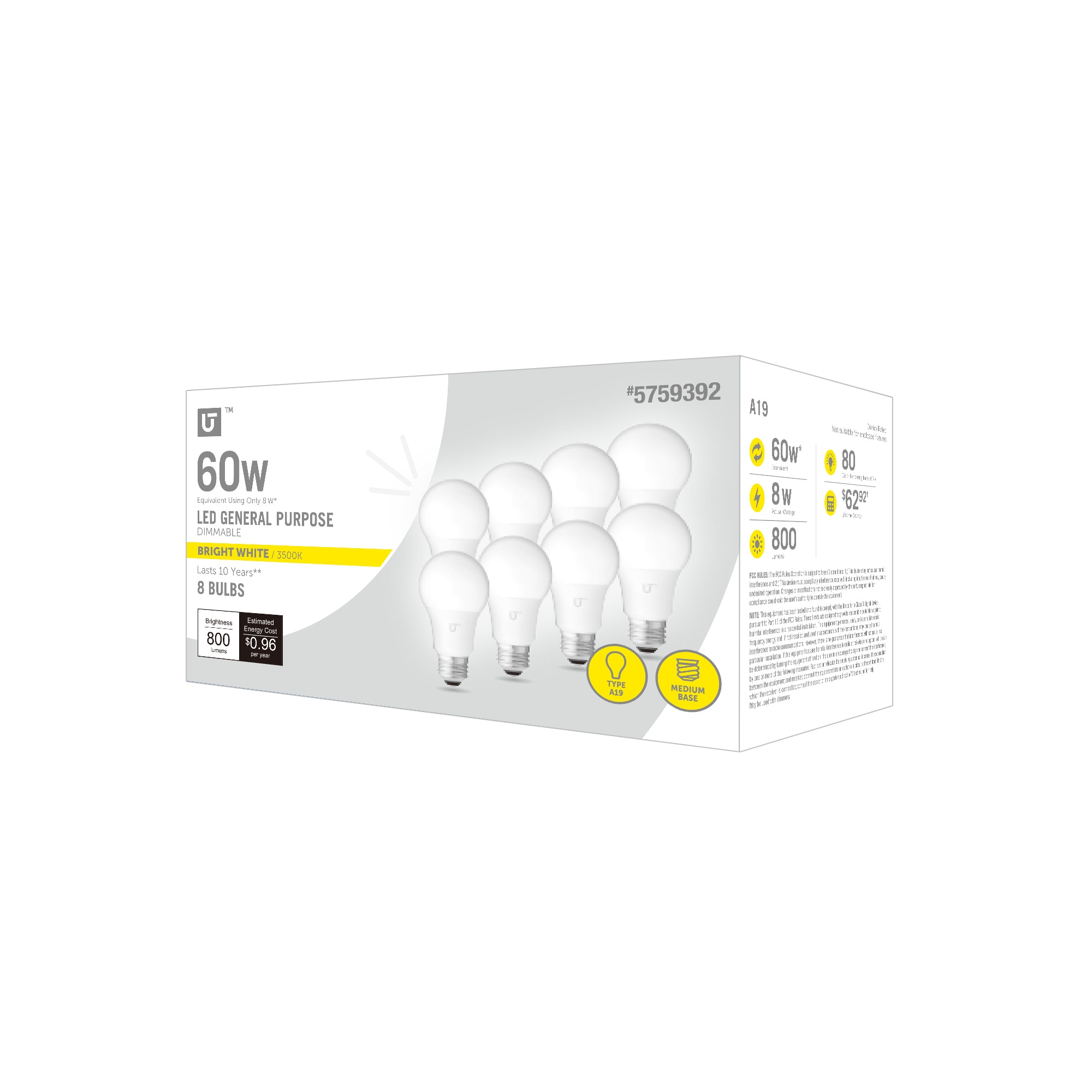 Utilitech YGA03C76-8.5W-835-8 60 -Watt EQ A19 Bright white E26 Dimmable LED General purpose Light Bulb 8 -Pack
