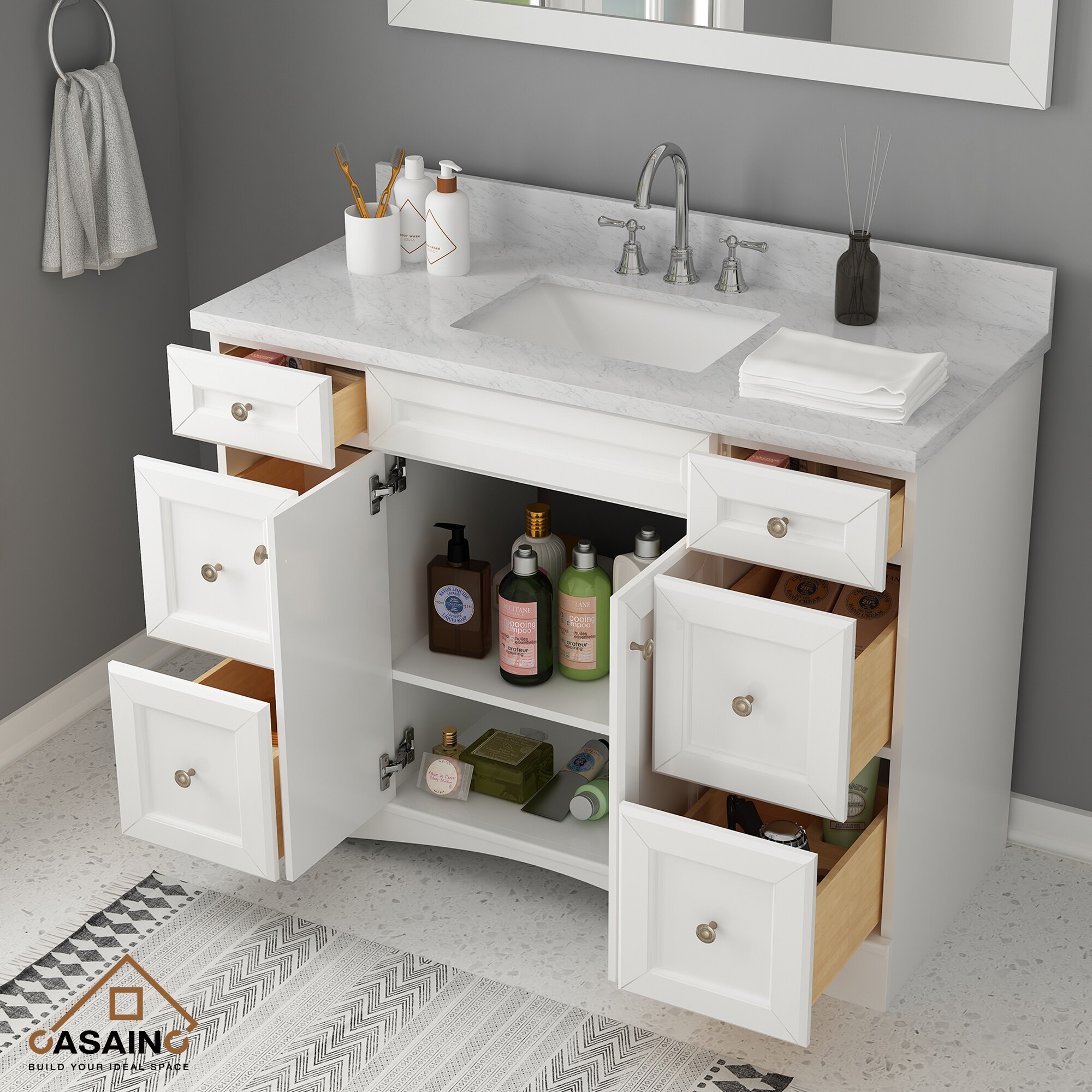 Casainc 48 In White Undermount Single Sink Bathroom Vanity With Off White With Speckles Marble 2614