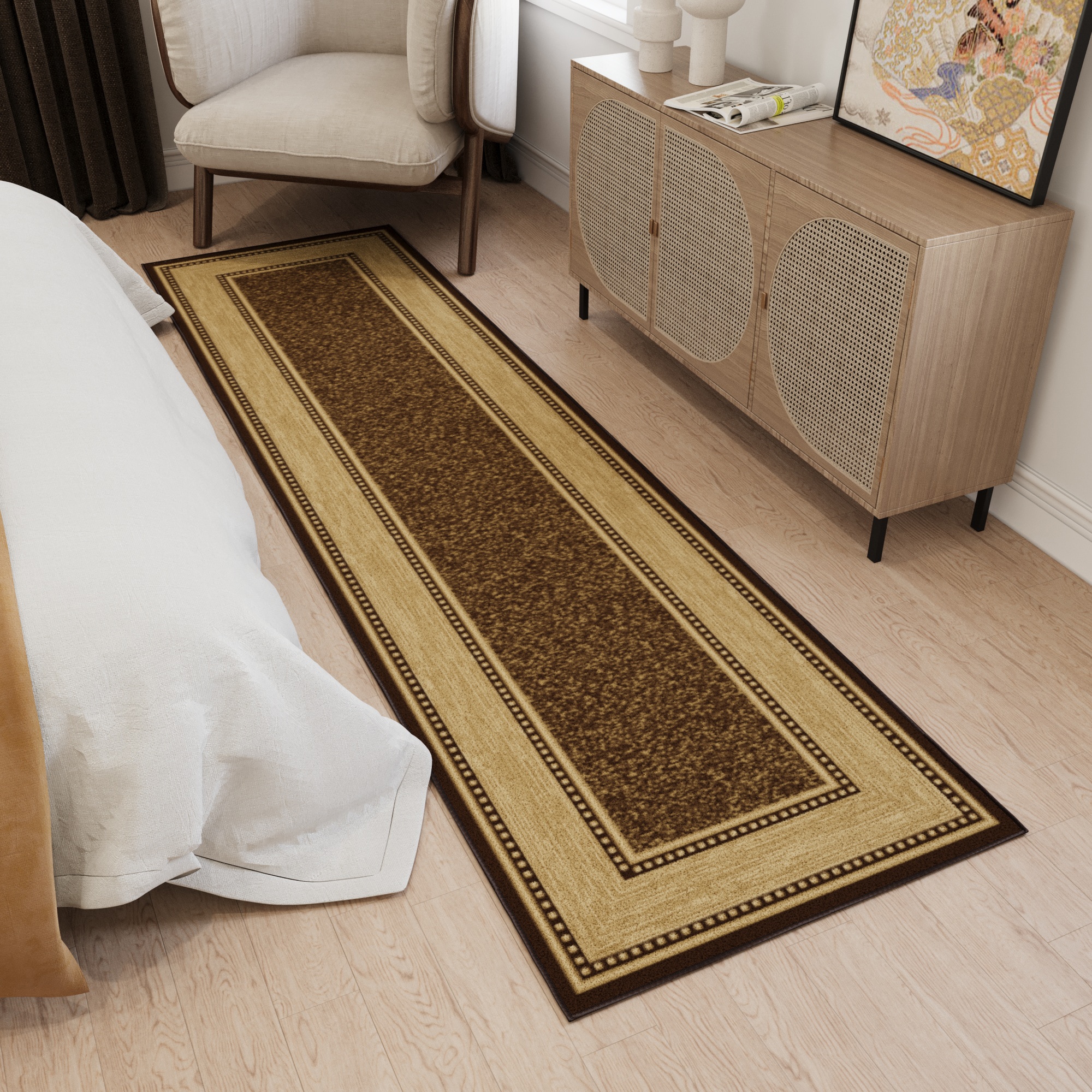 1'10" x 6' Non-Slip Bedroom Rug 2 x 6 (ft) Loomed Nylon Brown Rectangular Indoor Border Spot Clean Only Pet Friendly Runner rug