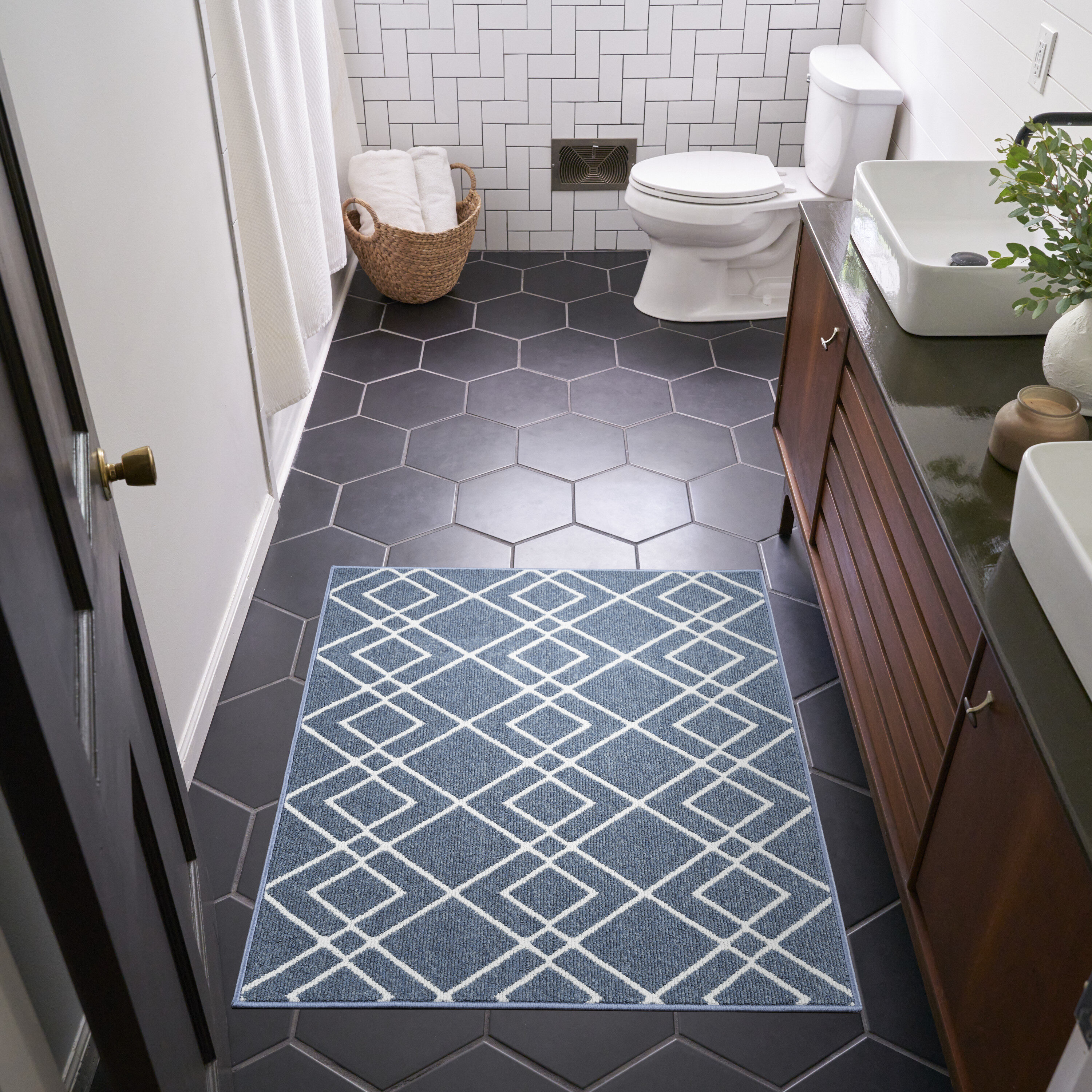 Nourison 099446088499 Modern Lines 3 x 5 (ft) Loomed Polypropylene Denim Rectangular Indoor Geometric Mid-Century Modern Area rug