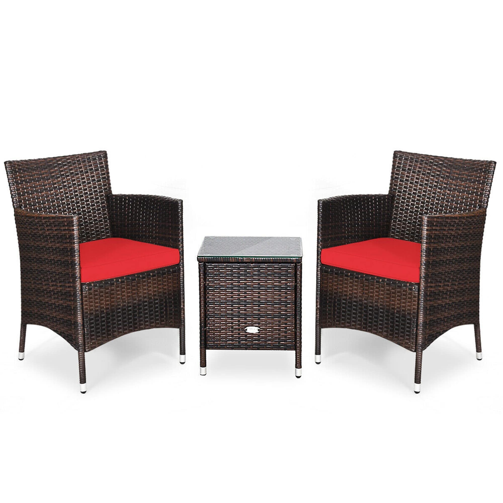 WELLFOR OUJ63850RE 3 -Piece Rattan Patio Conversation Set with Red Cushions