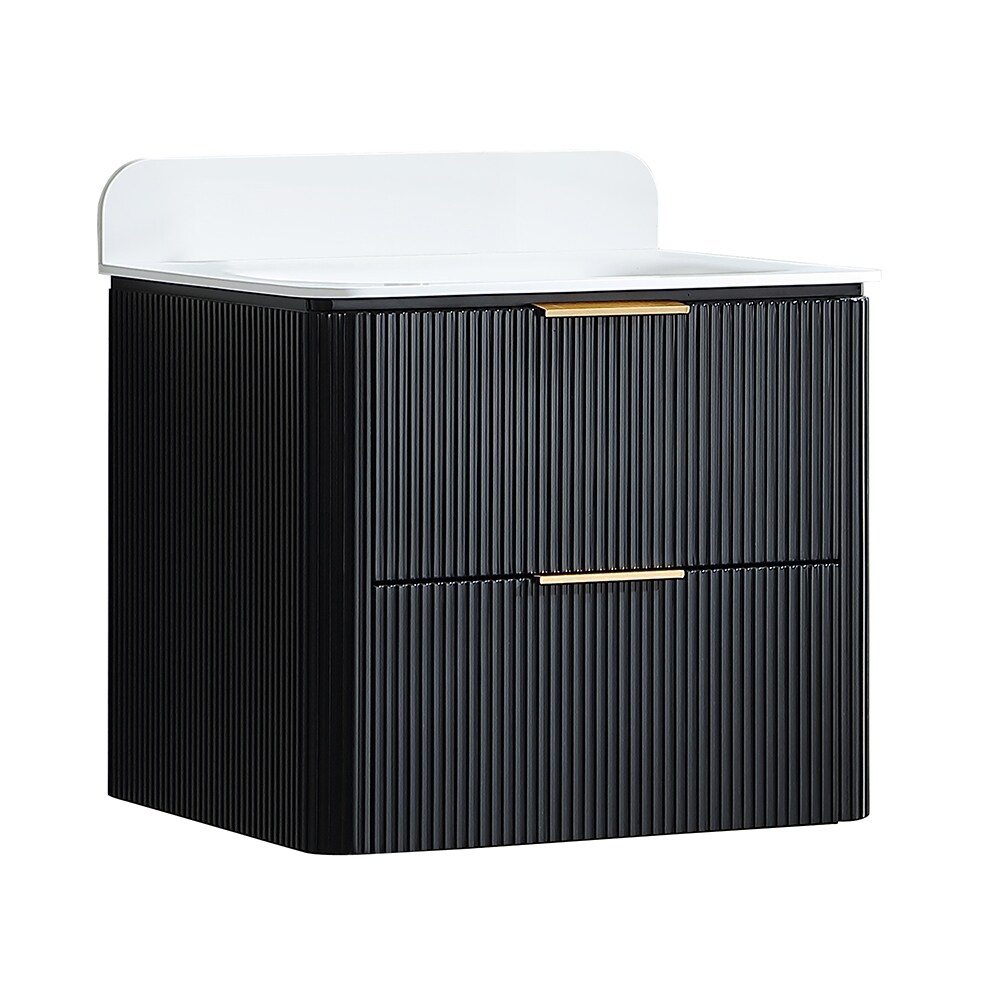 MODLAND 24-in Black Modern Fluted Wall-Mounted Bathroom Vanity with Acrylic Sink Top Soft-Close Drawers Fully Assembled