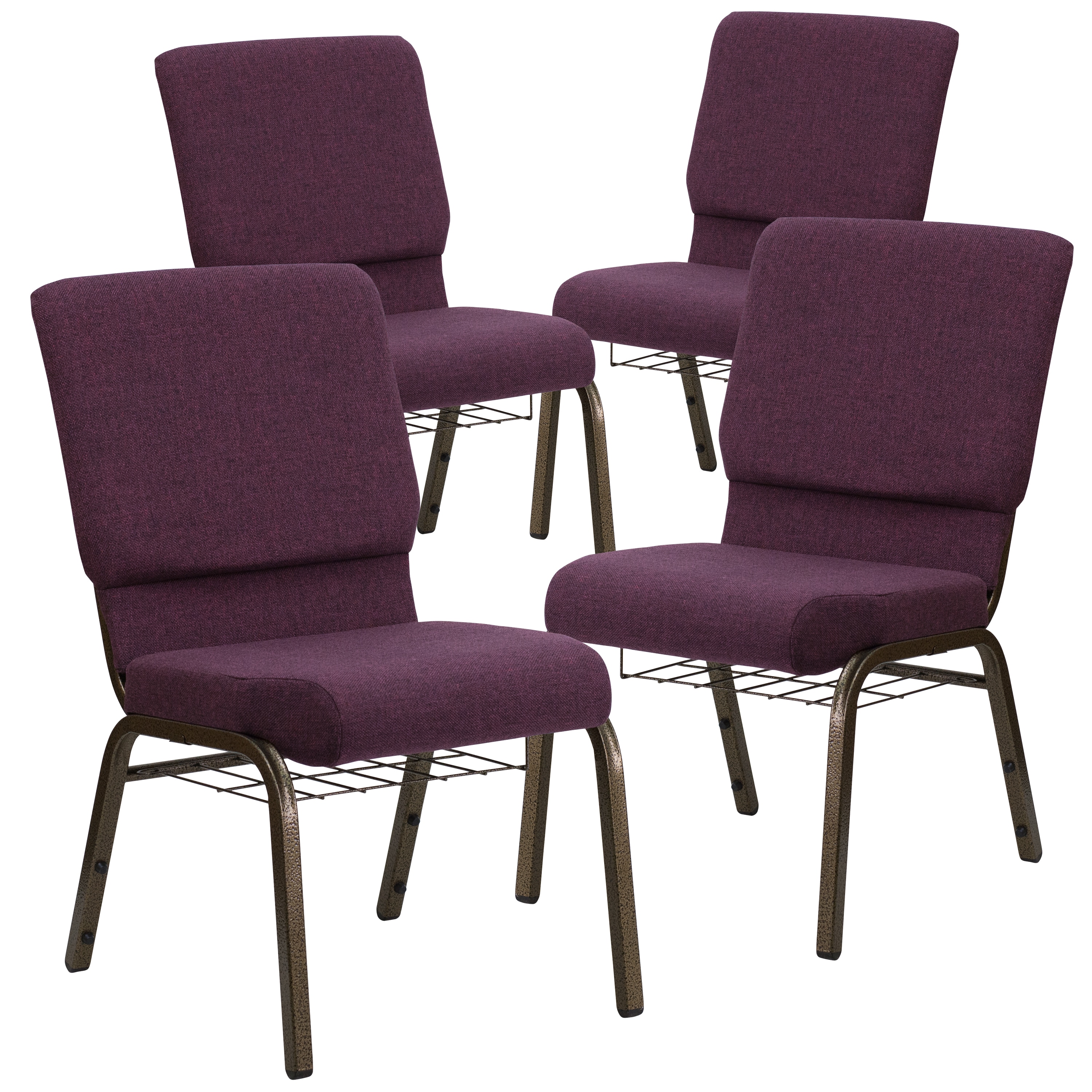 Flash Furniture 812581012798 4 Pack HERCULES Series 18.5-in W Church Chair in Plum Fabric with Cup Book Rack - Gold Vein Frame