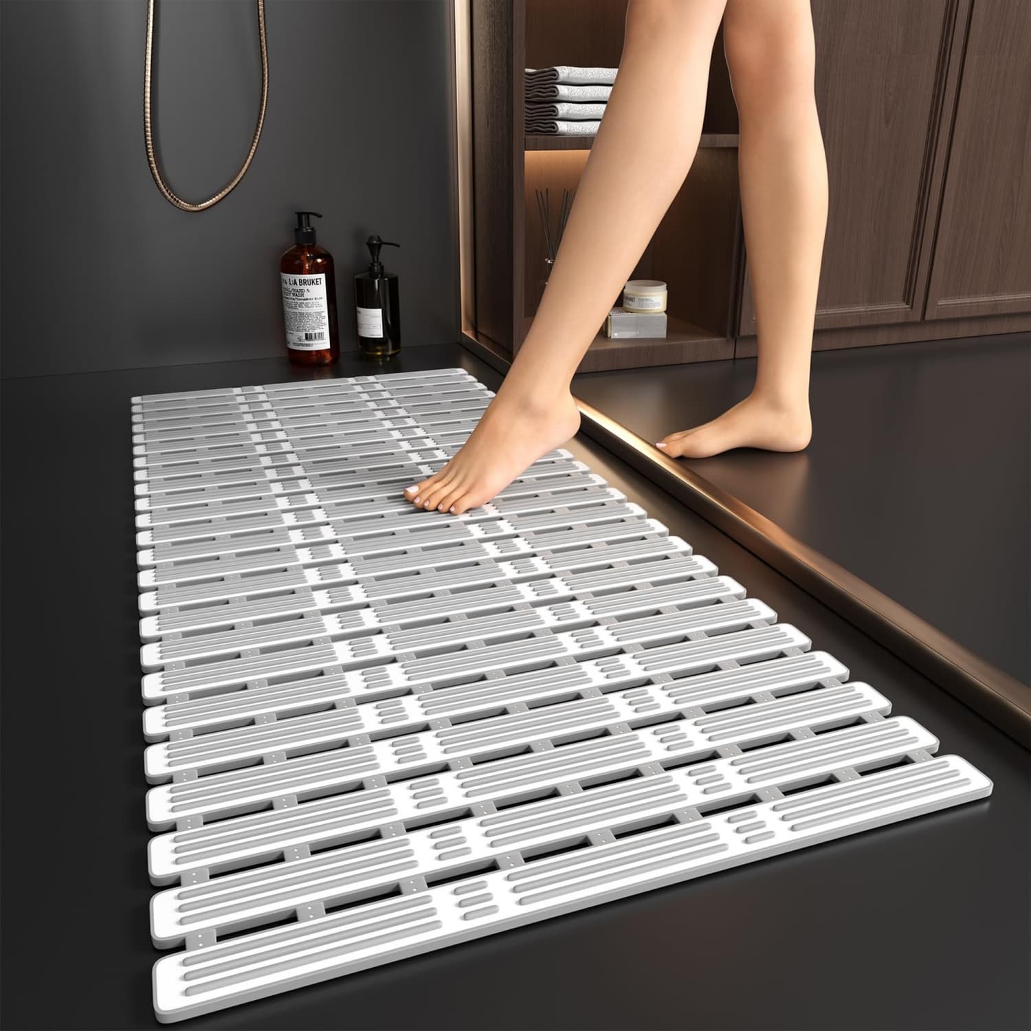 Angel Sar Grey Shower Mat with 216 Powerful Suction Cups for Inside Shower