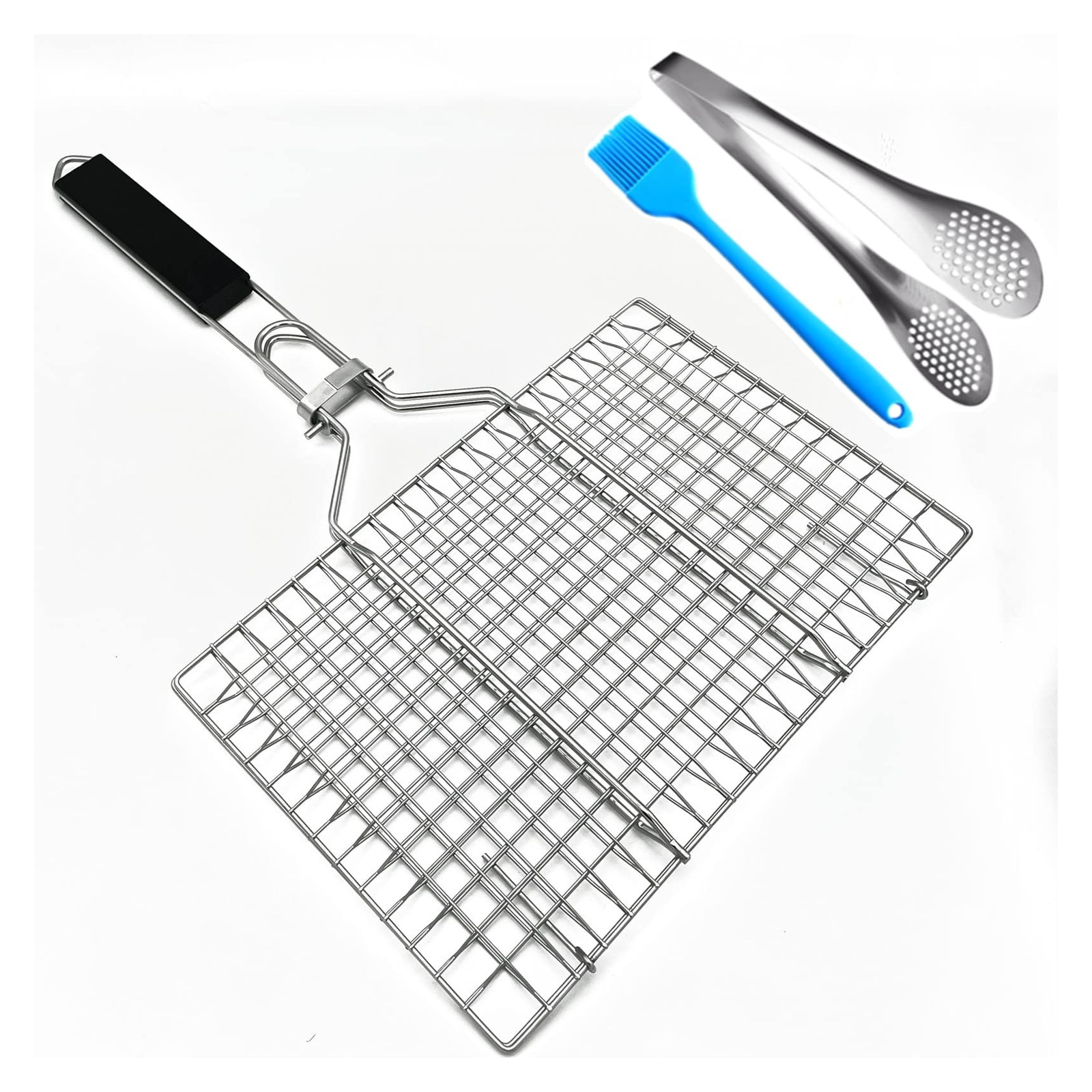 Adrinfly  Stainless Steel BBQ Grill Basket With Silicone Brush And Stainless Steel Tong Foldable Vegetable And Fish Grilling Rack For Outdoor Use