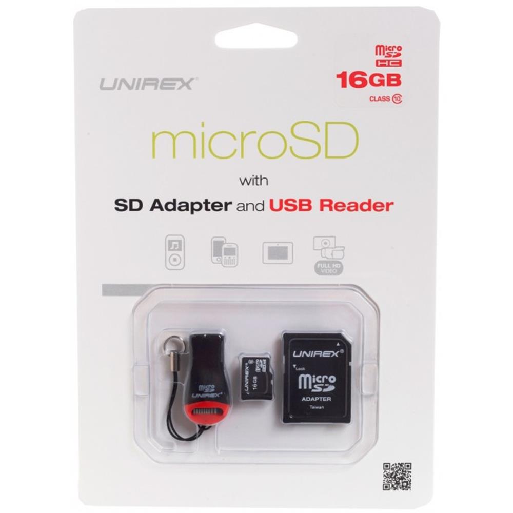 Unirex 84989449M Microsd High Capacity 16Gb Class 10 with Sd Adapter and Usb Reader