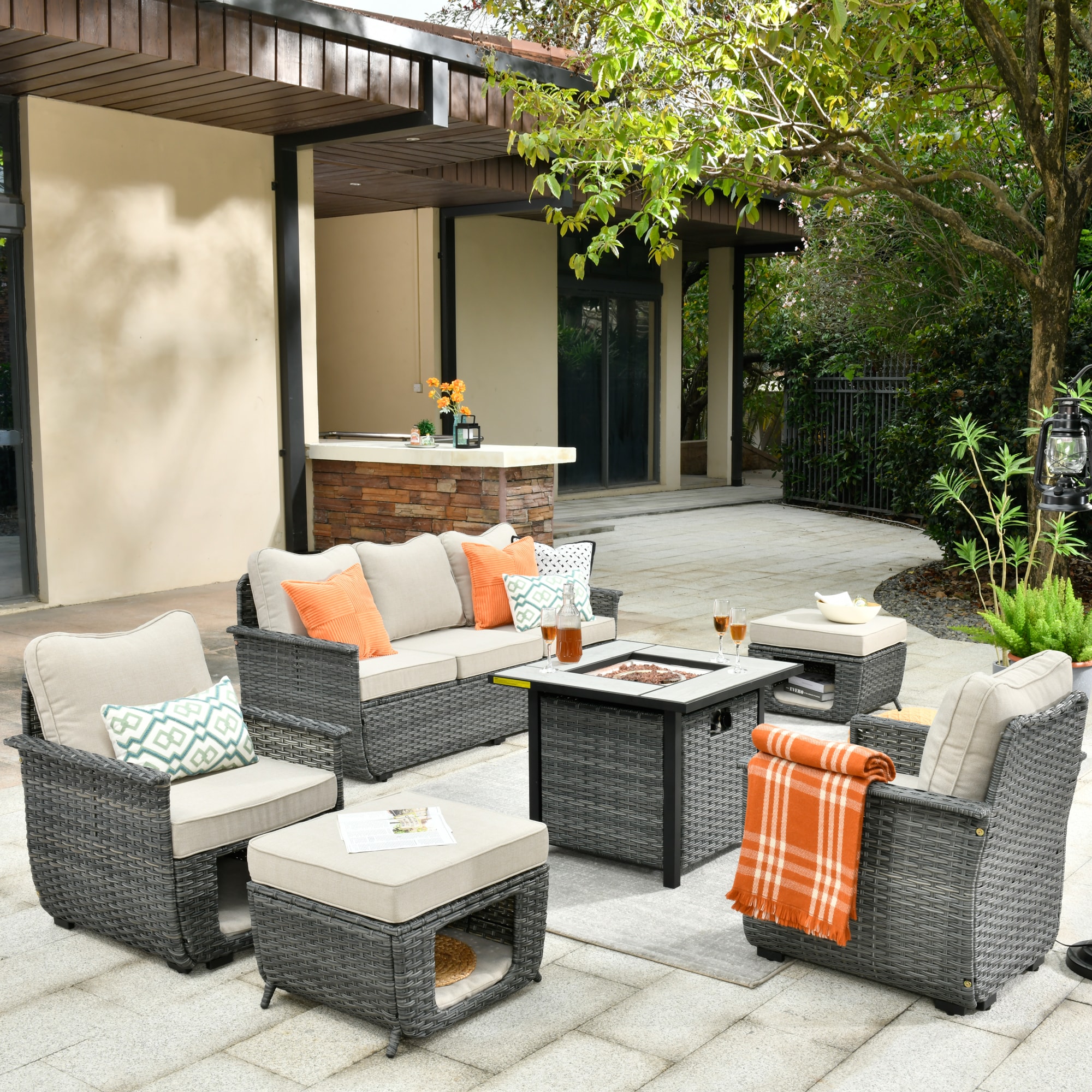 Pouuin SPET6006 6-Piece Rattan Patio Conversation Set with Blue Cushions