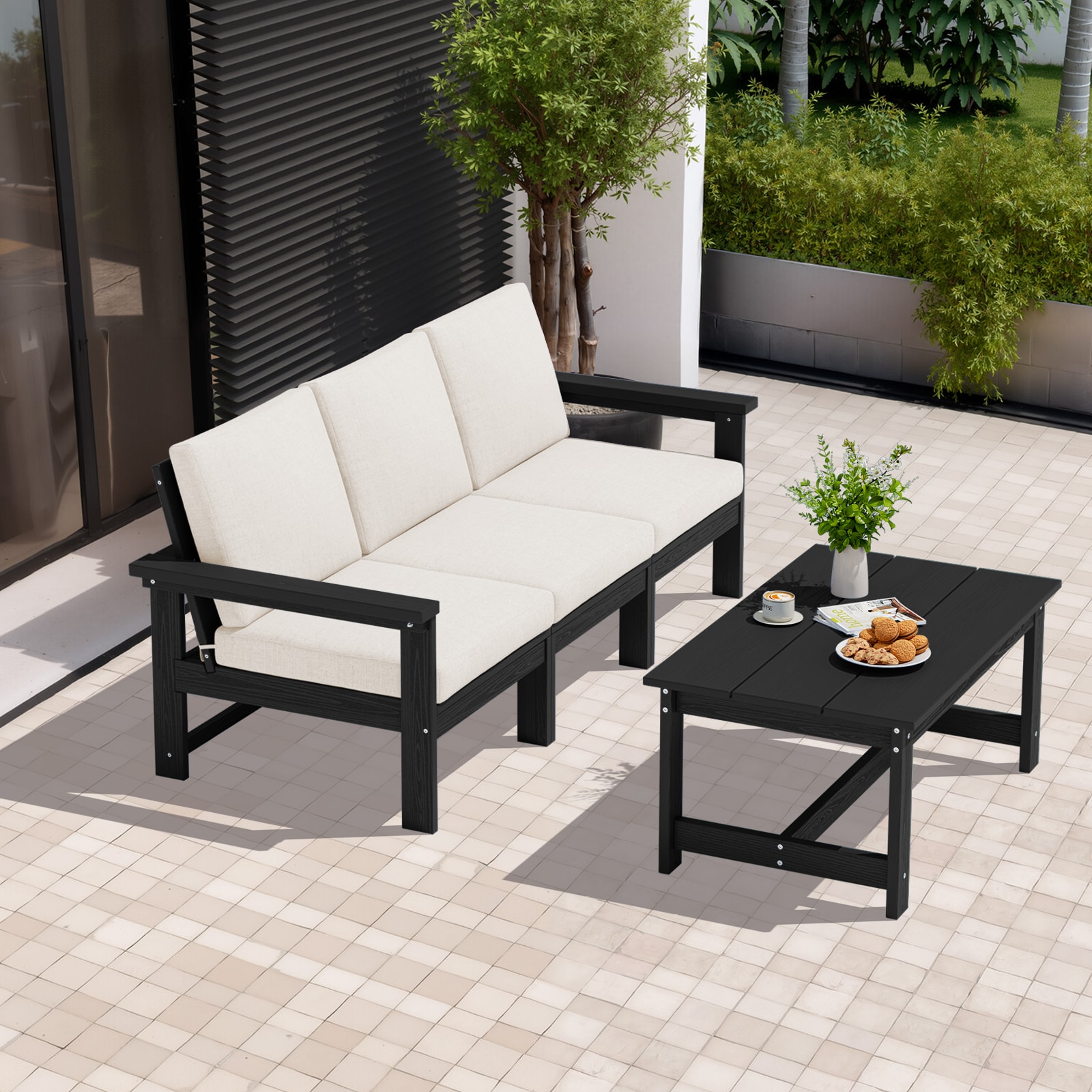 VOUA ZHSF04-BK HDPE Patio 3-Seater Sofa Set with Coffee Table 2 -Piece Patio Sofa Conversation Set with Beige Cushions