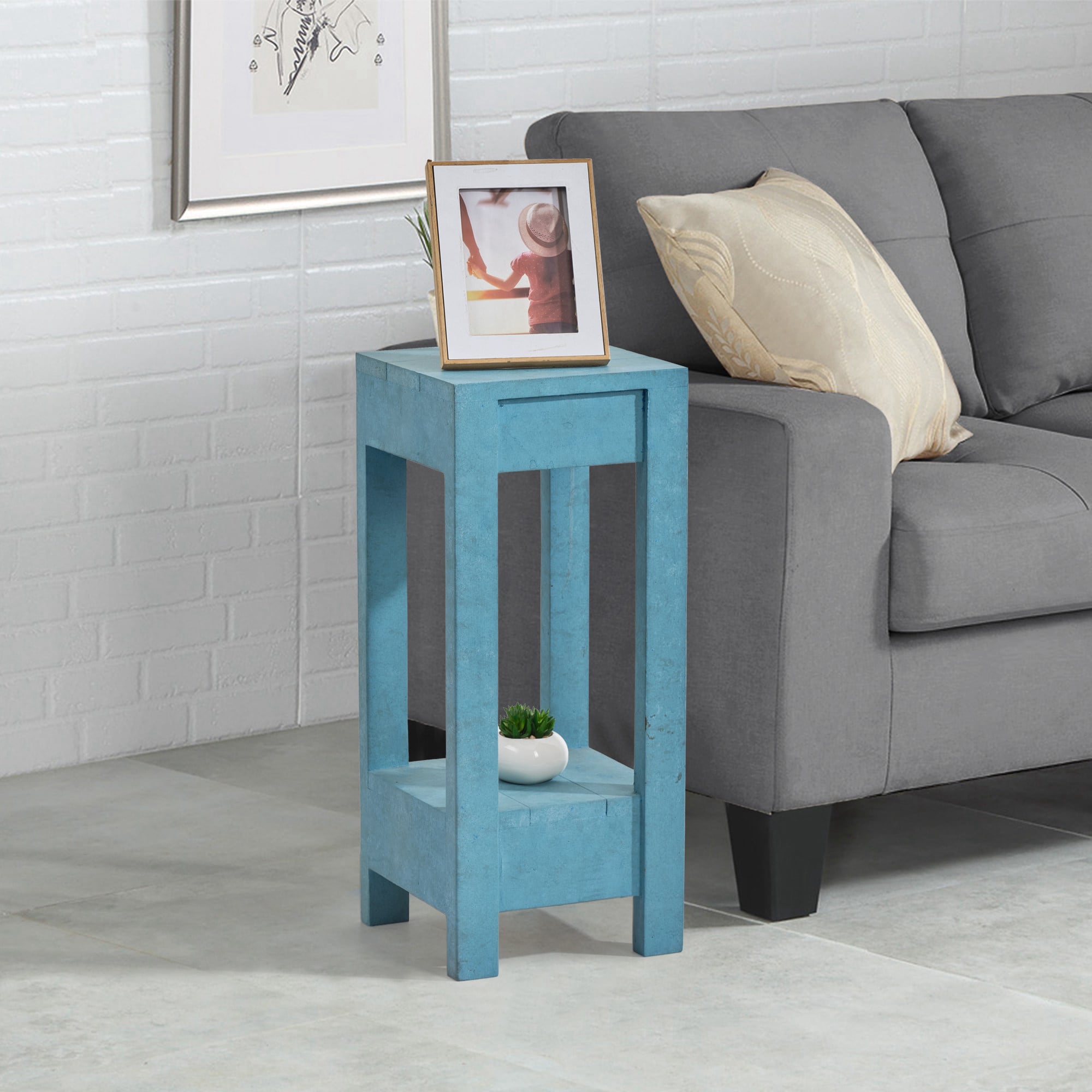 IHOMEadore BBZ005 10.6-in W x 25.98-in H Blue Wood Square Farmhouse End Table with Storage Assembly Required