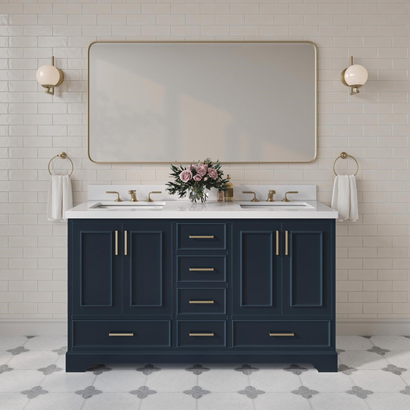 ARIEL - Stafford 60-in Midnight Blue Undermount Double Sink Bathroom Vanity with Pure White Quart...