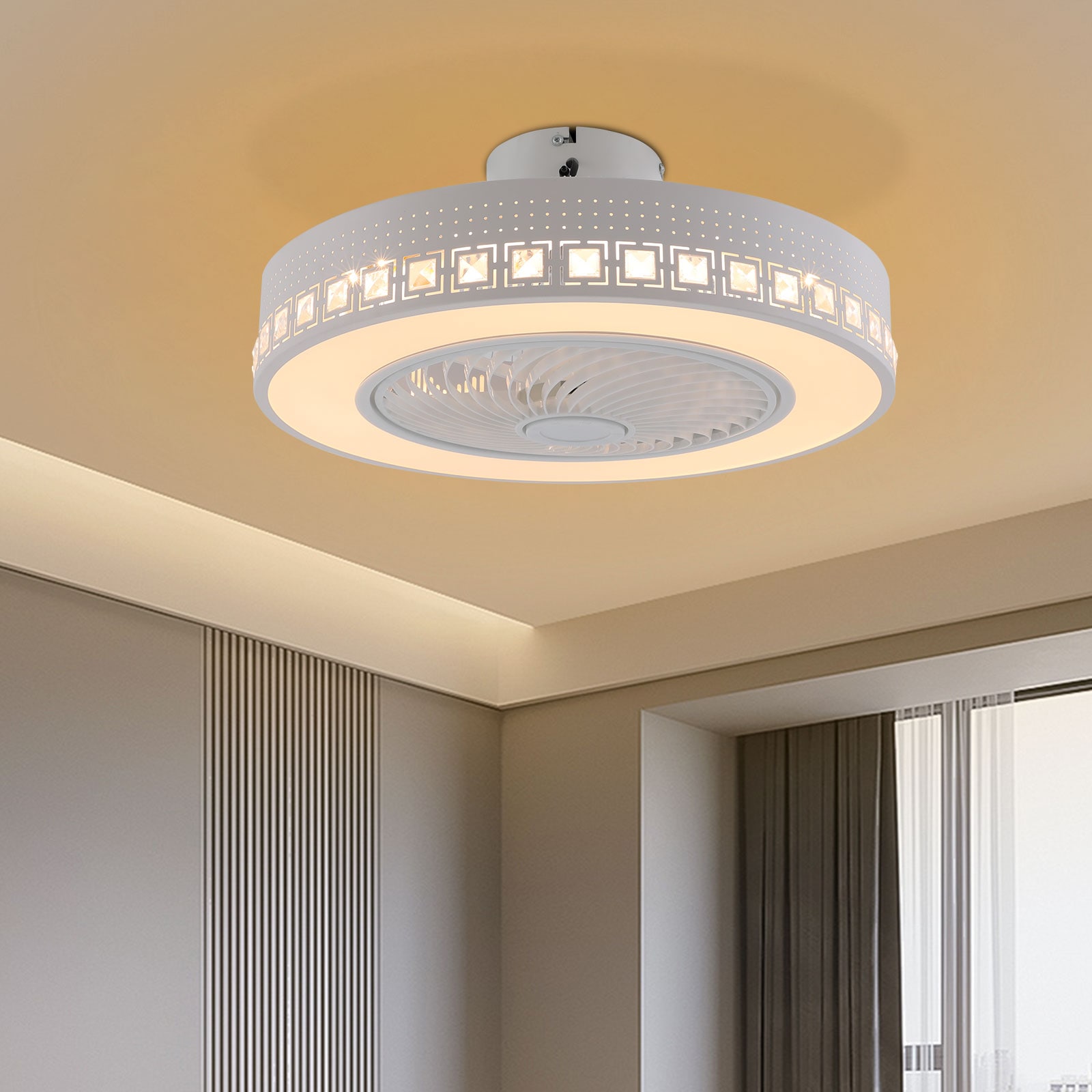 Oukaning JZUCODX399HCX 20-in Color-Changing Integrated LED Flush Mount White with ABS Blades Fandelier Ceiling Fan With Light - Remote Included ( 5 -Blade )