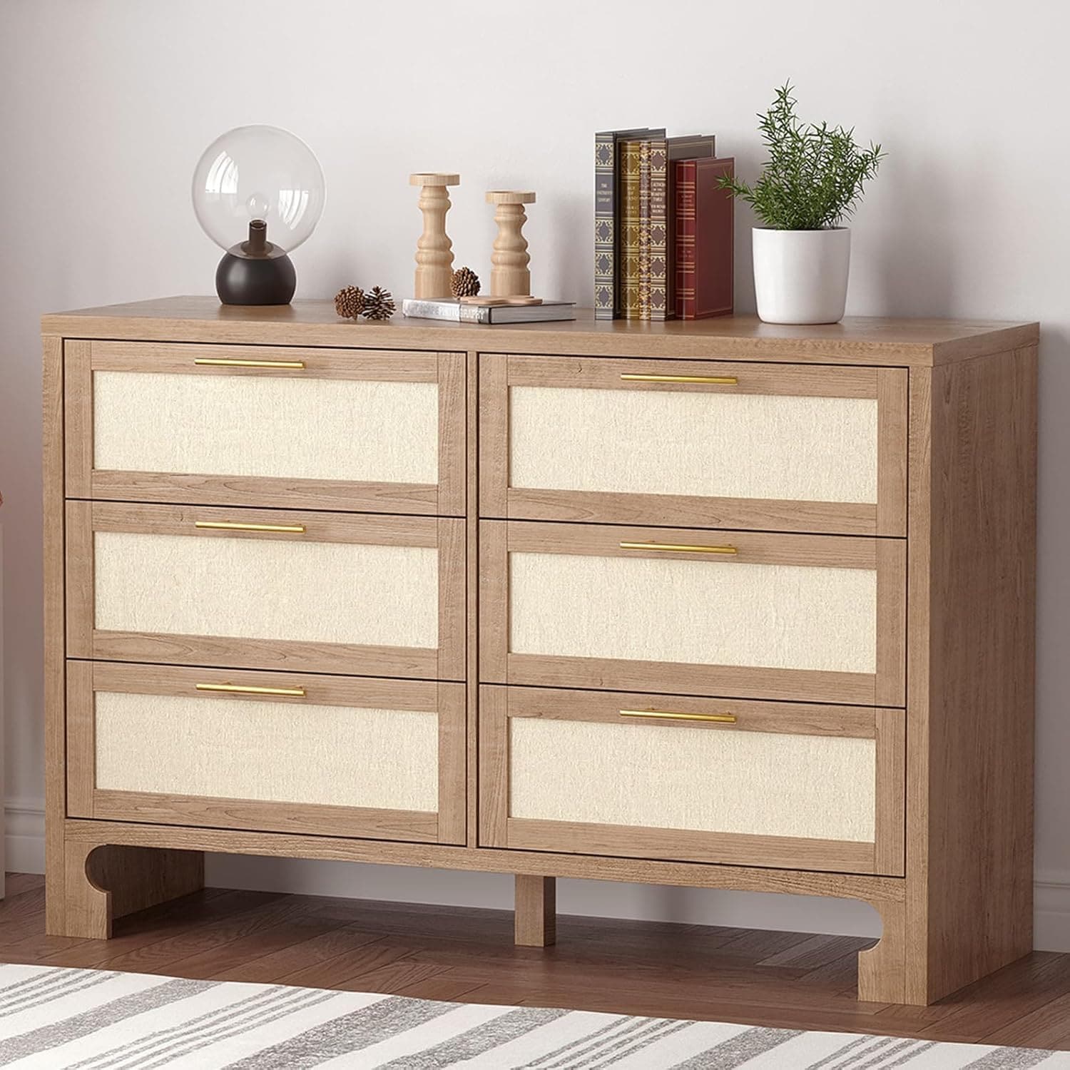Garvee 6 Drawer Double Dresser for Bedroom Wooden Dresser Chest with Burlap Design Classified Storage Chest of Drawers with Gold Metal Handle Farmhouse Nightstand Set for Living Room Entryway
