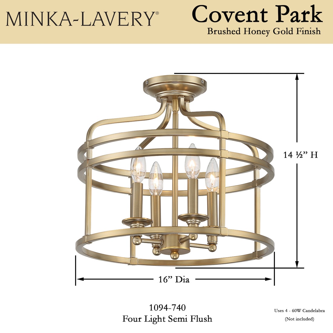 Brushed Honey Gold Glass Drum 4-Light Semi Flush Mount
