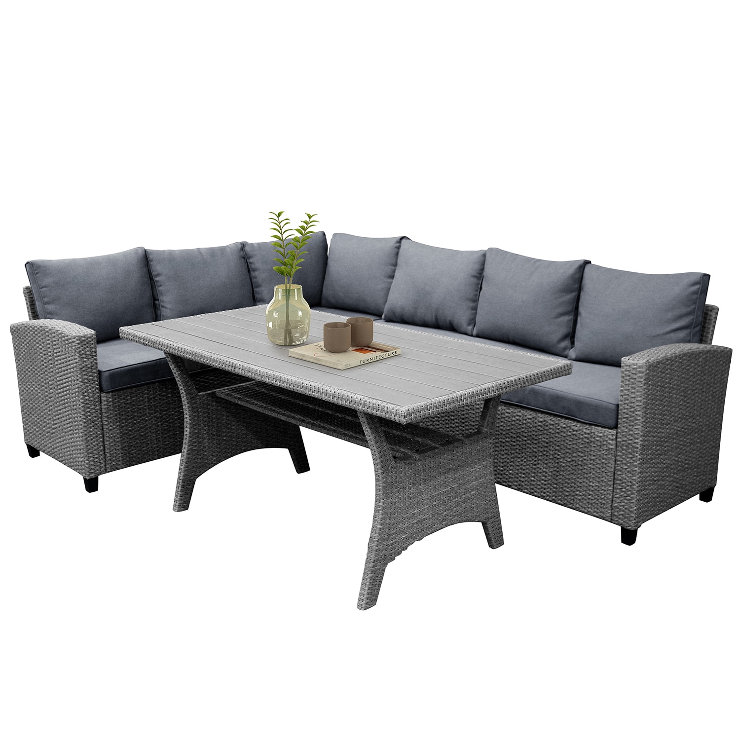 SINOFURN SYA010238GY 3 -Piece Gray Wicker Patio Dining Set Rattan Rectangle Table with 1 Gray Cushions Stationary Chairs
