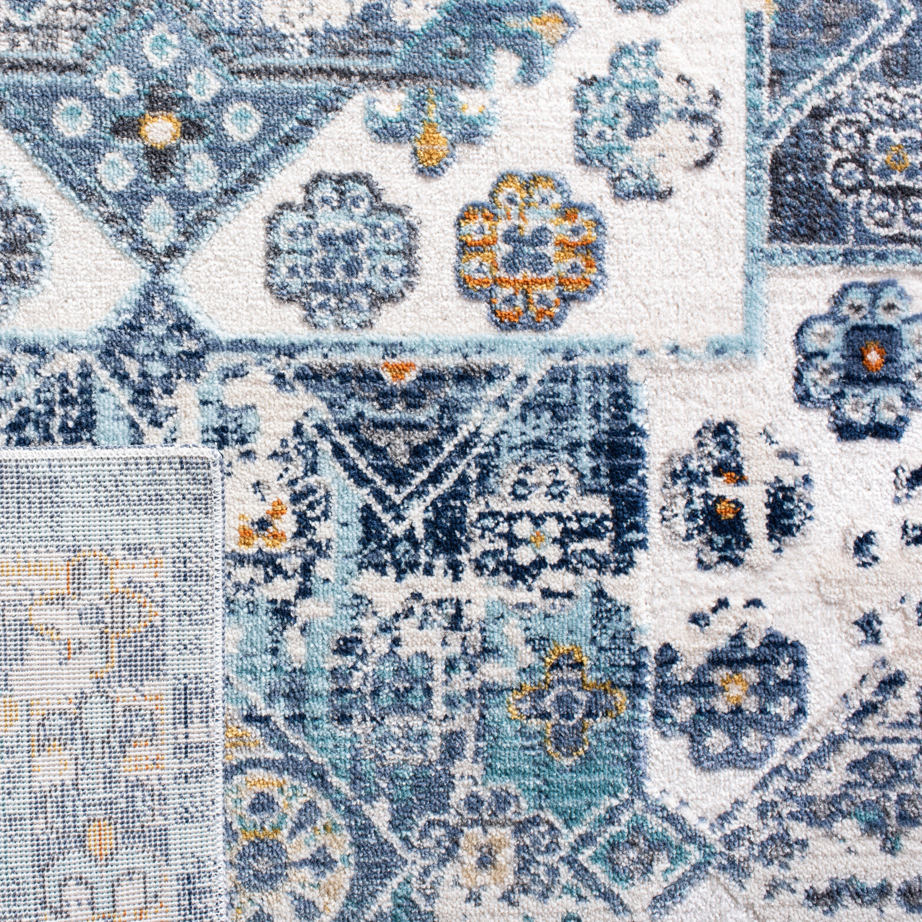 Ivory and Navy Floral Geometric Wool Area Rug