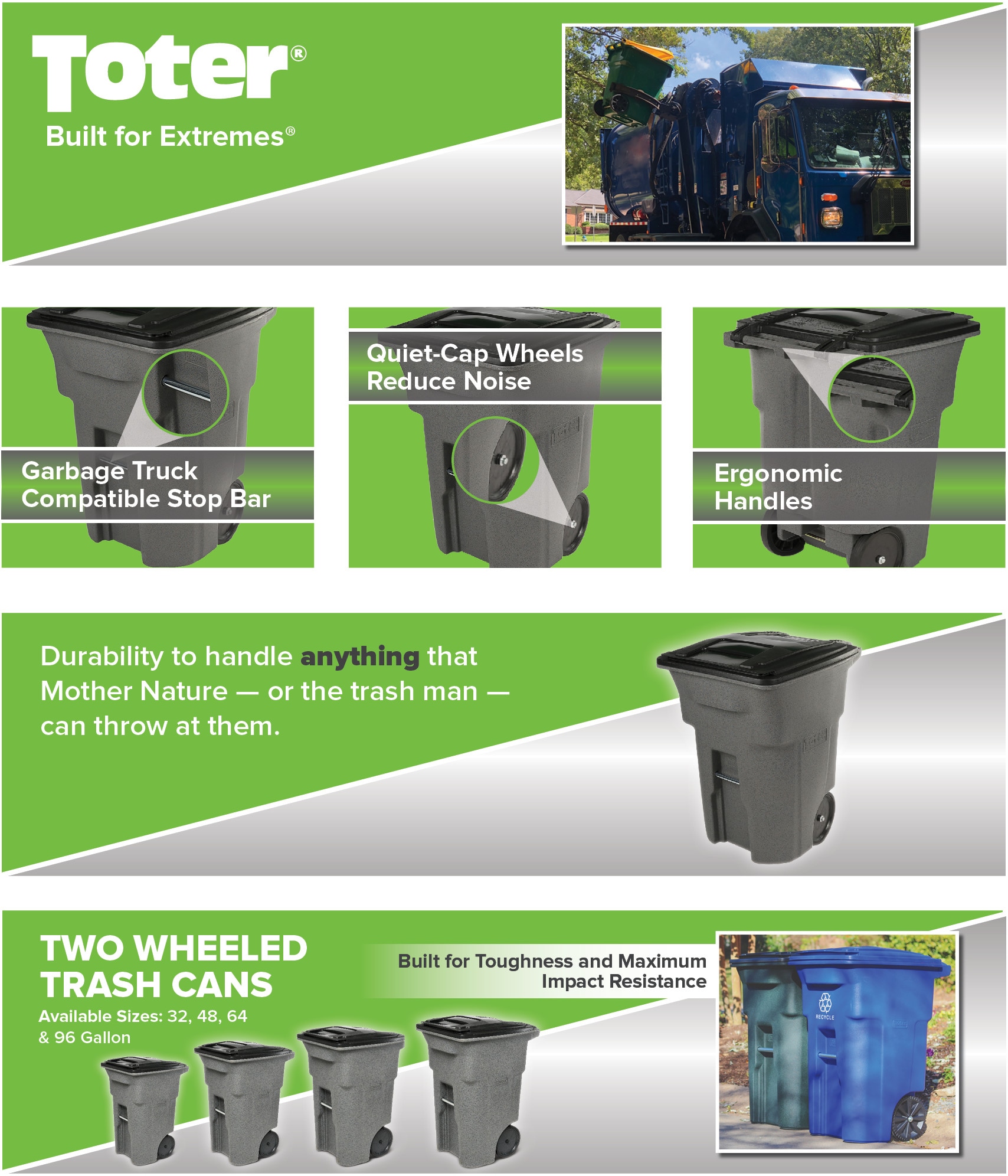 Toter 96 gal. Greenstone Trash Can with Smooth Wheels and Lid