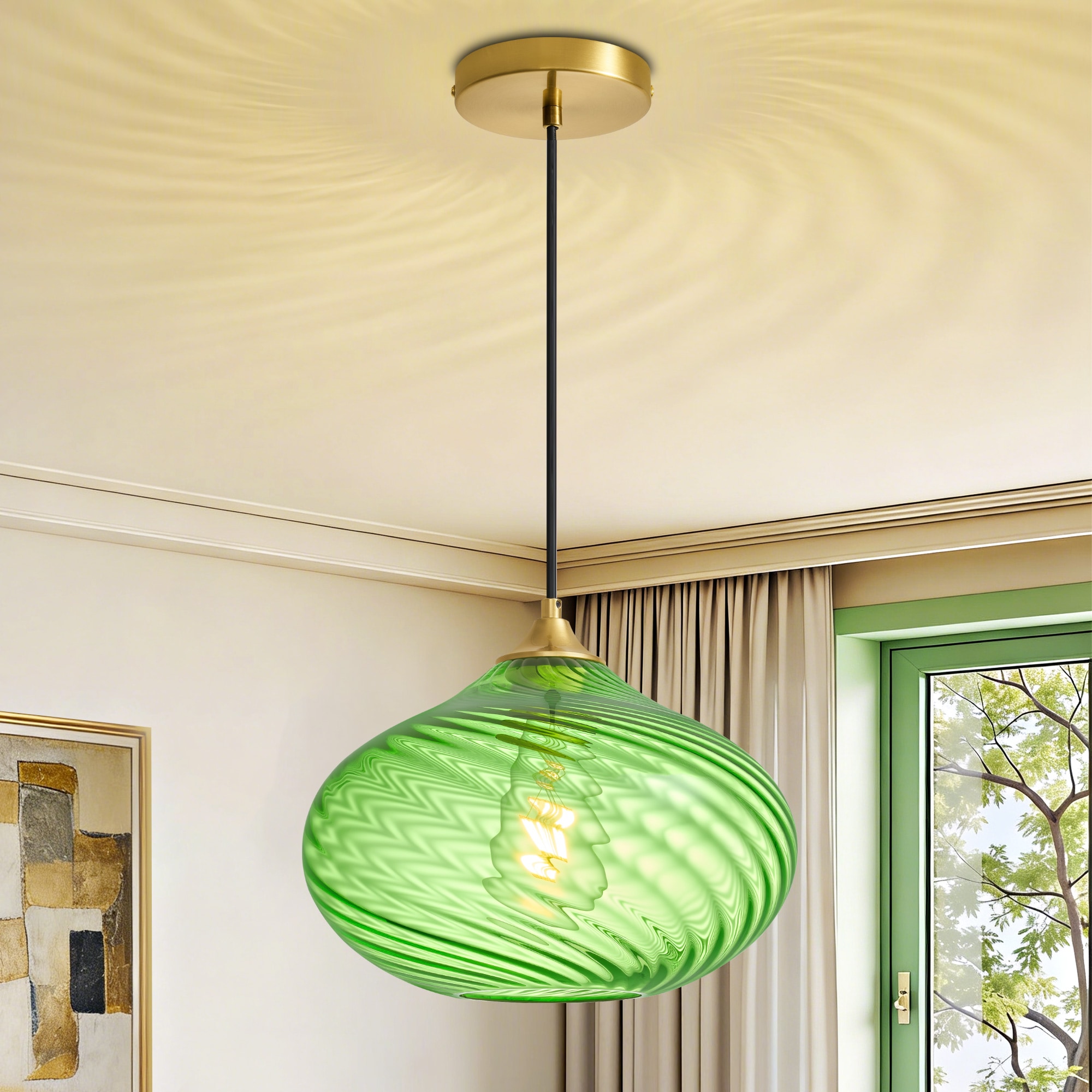 Lanmate  Modern Green Swirled Glass Pendant Light with Adjustable Height