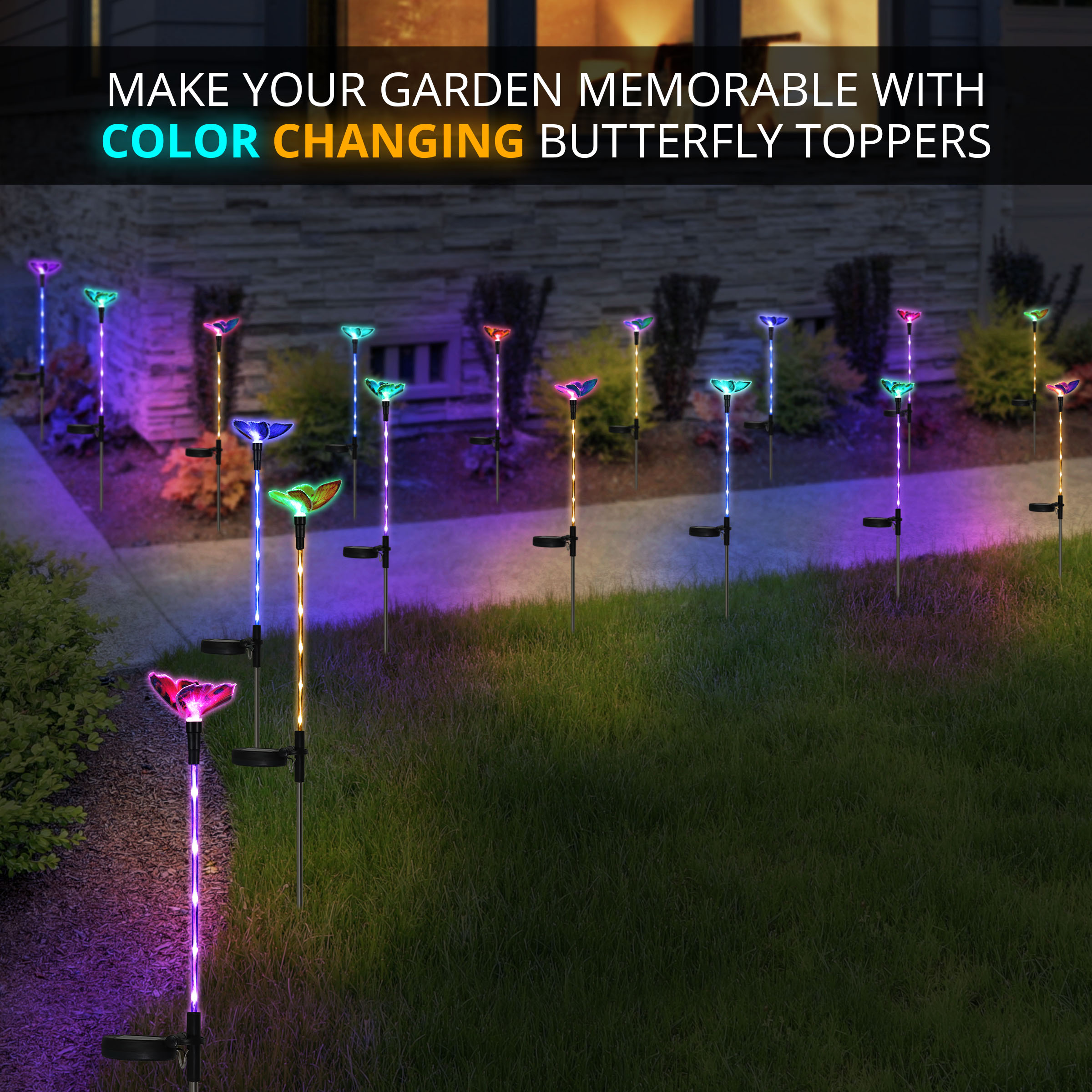Solar Fiber Optic Butterfly Garden Stakes with Color-Changing LEDs