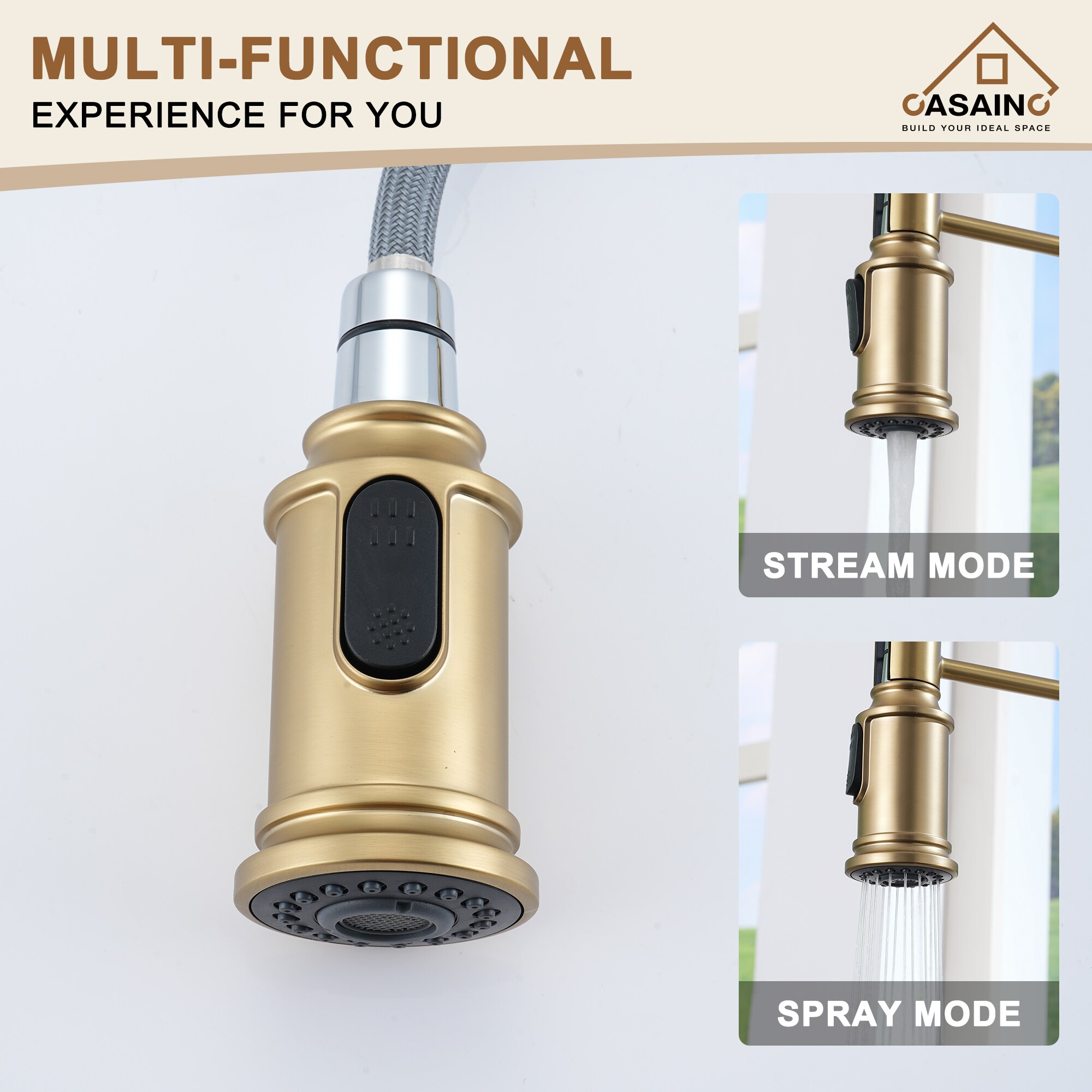 CASAINC Brushed Gold Single Handle Pull-out Kitchen Faucet with Sprayer ...